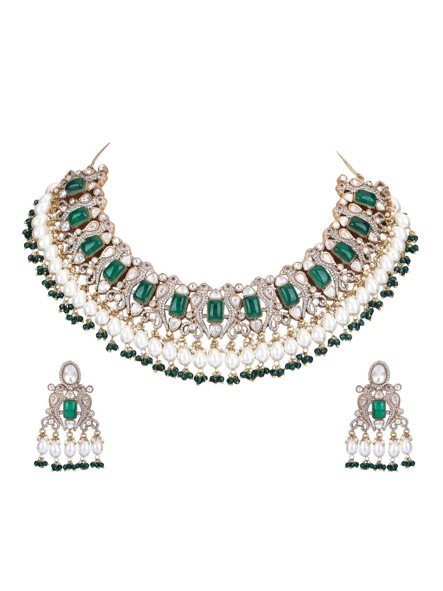 22KT Gold Plated Kundan Green Necklace Set - Auraa Trends
