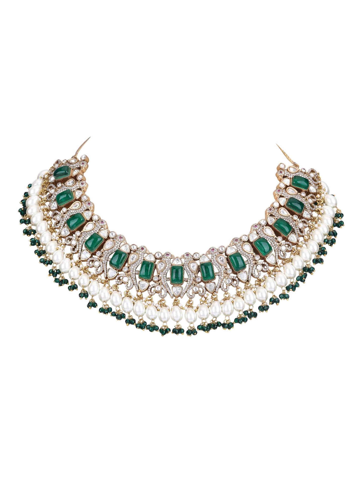 22KT Gold Plated Kundan Green Necklace Set - Auraa Trends