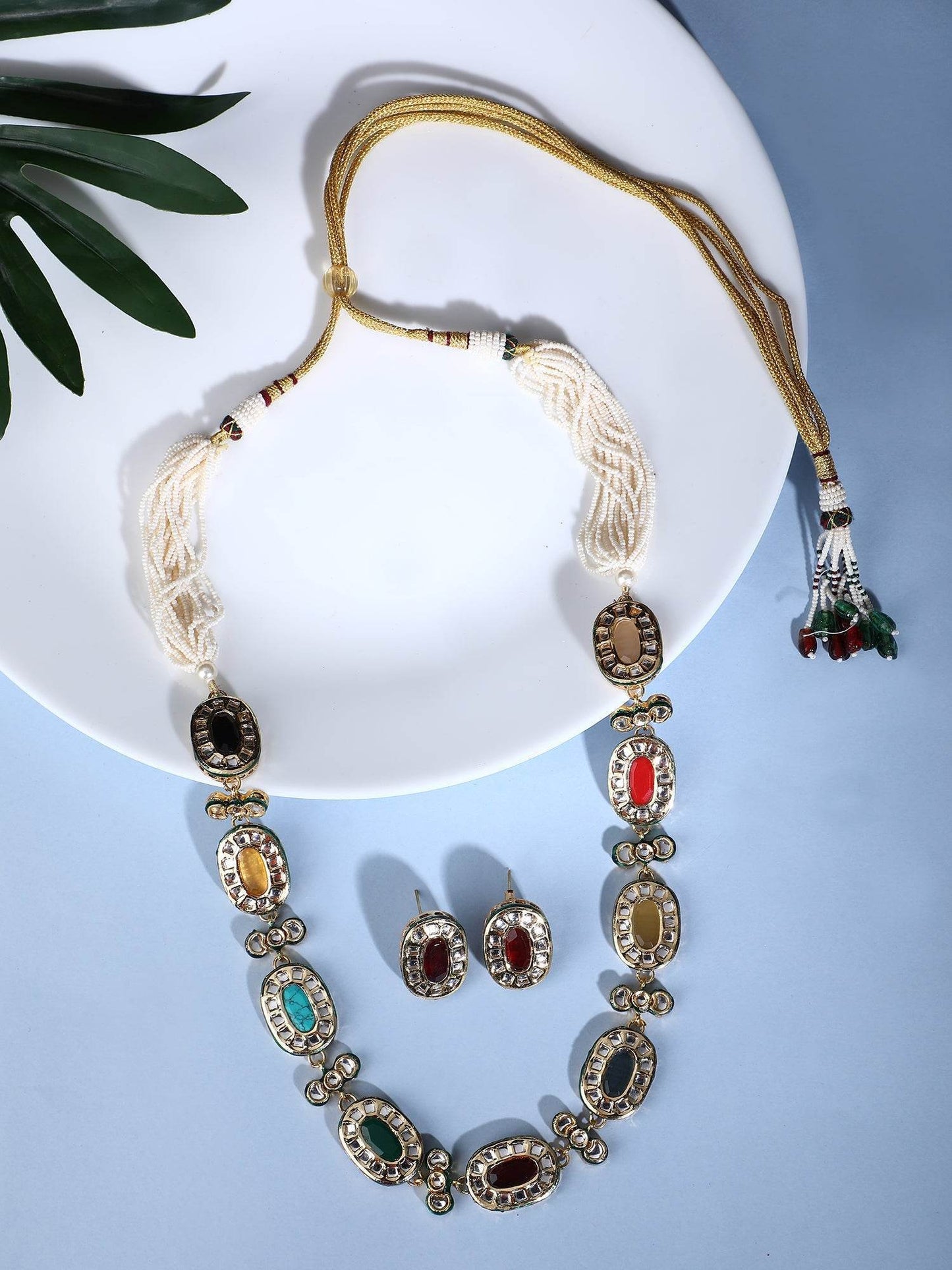 22KT Gold Plated Kundan Navratna Necklace Set For women and Girls - Auraa Trends