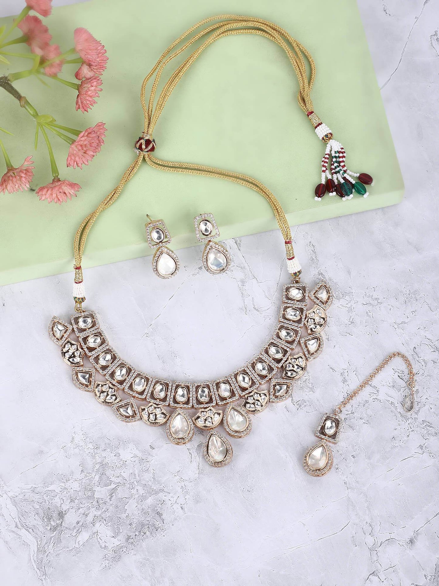 22KT Gold Plated Kundan Necklace Set - Auraa Trends
