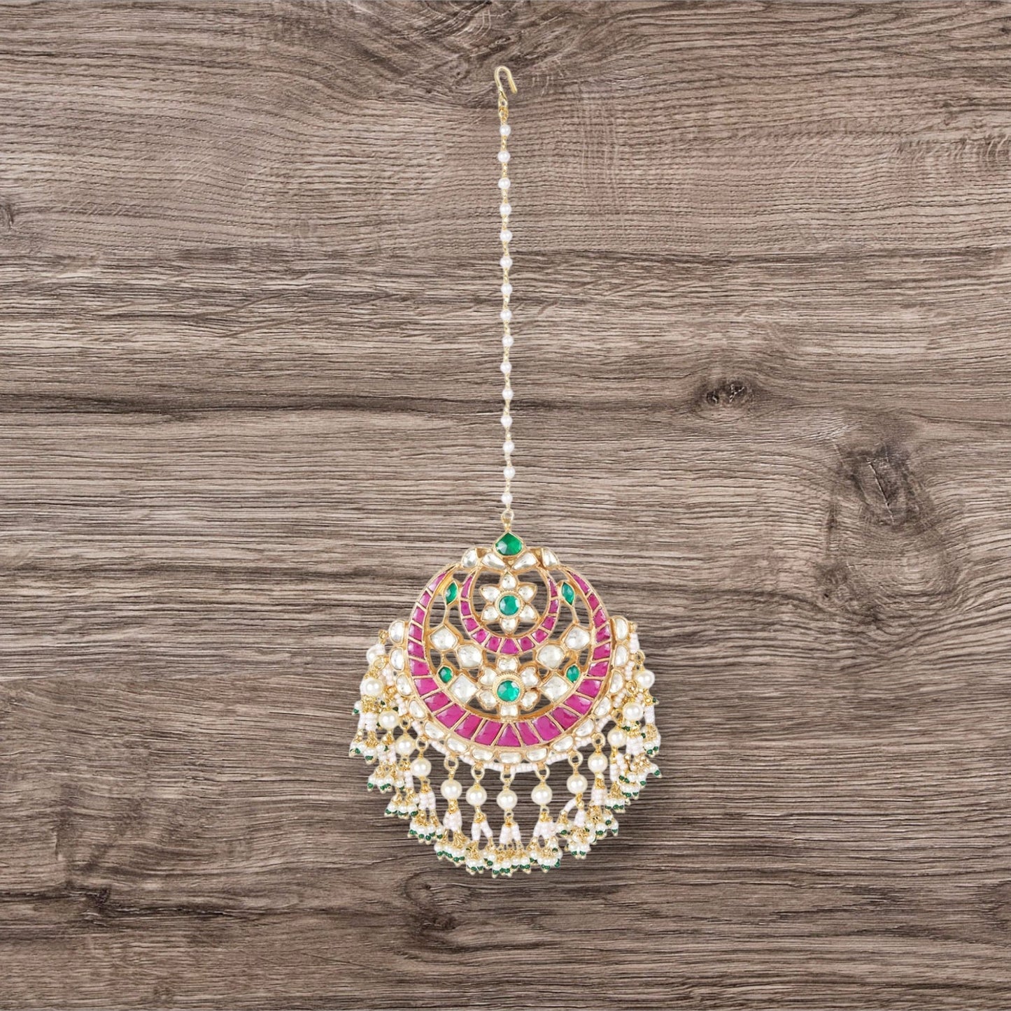 22KT Gold Plated Kundan Polki & Pearl Maangtikka - Auraa Trends - Maangtika - # - Auraa Trends - 22KT Gold Plated Kundan Polki & Pearl Maangtikka