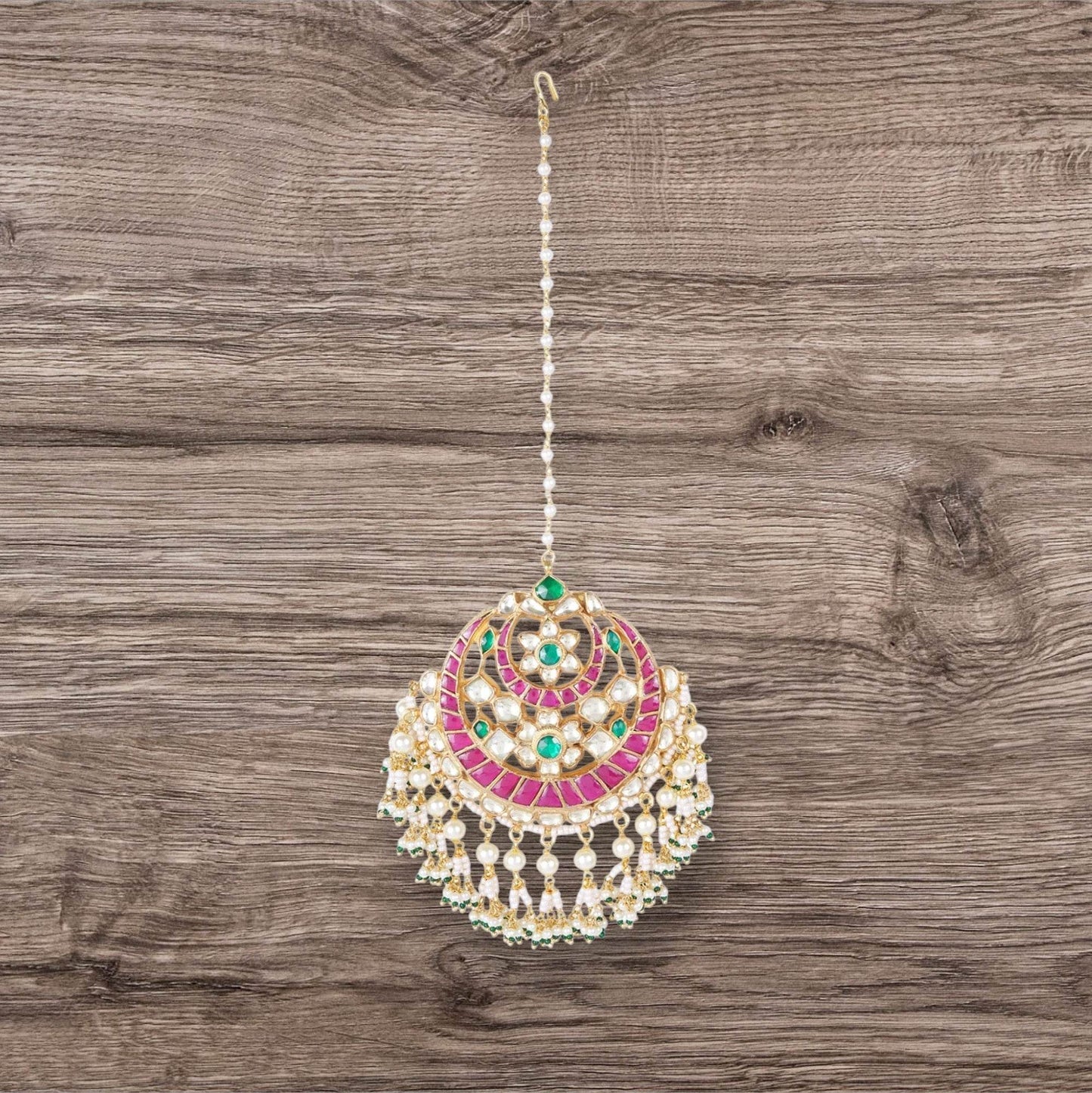 22KT Gold Plated Kundan Polki & Pearl Maangtikka - Auraa Trends