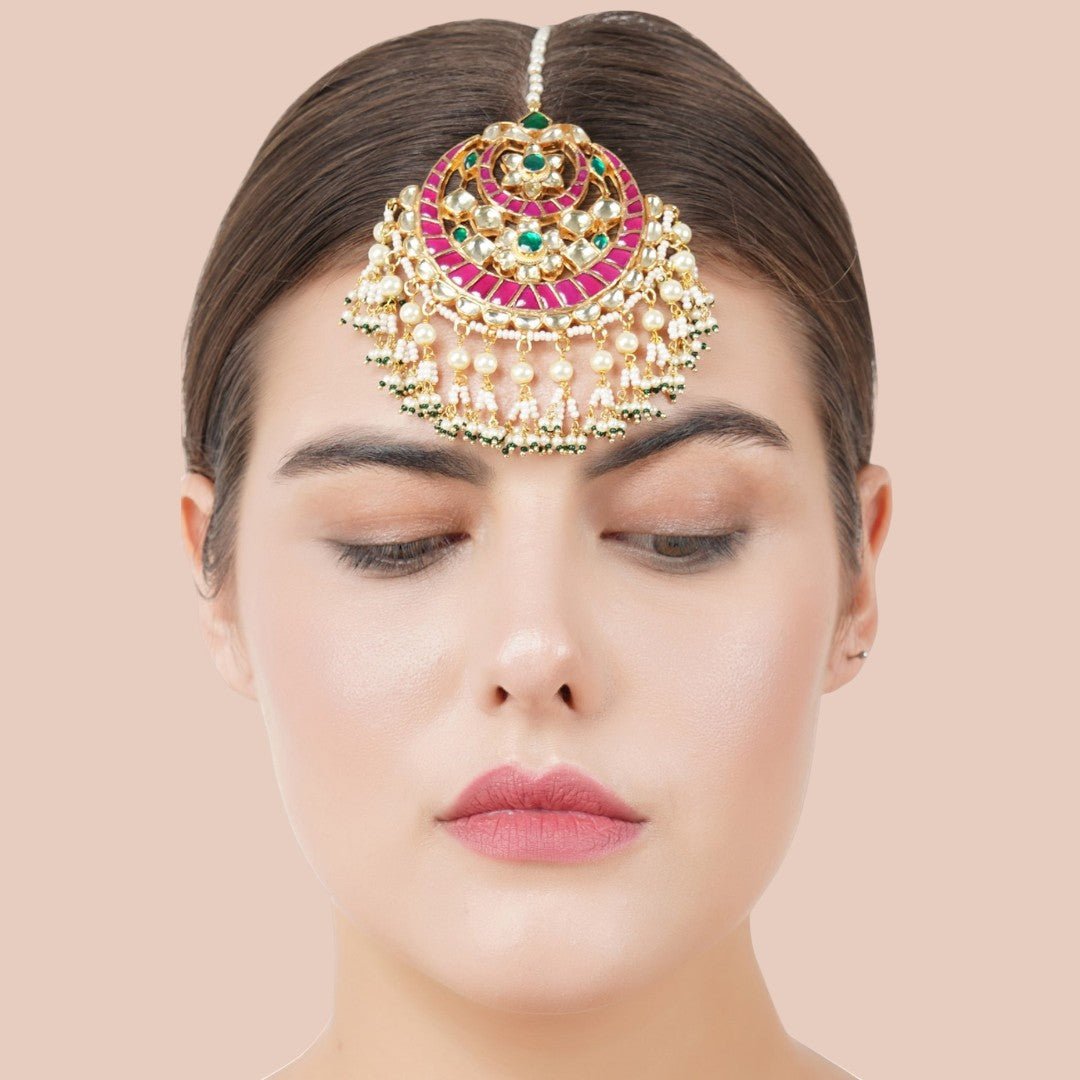 22KT Gold Plated Kundan Polki & Pearl Maangtikka - Auraa Trends - Maangtika - # - Auraa Trends - 22KT Gold Plated Kundan Polki & Pearl Maangtikka