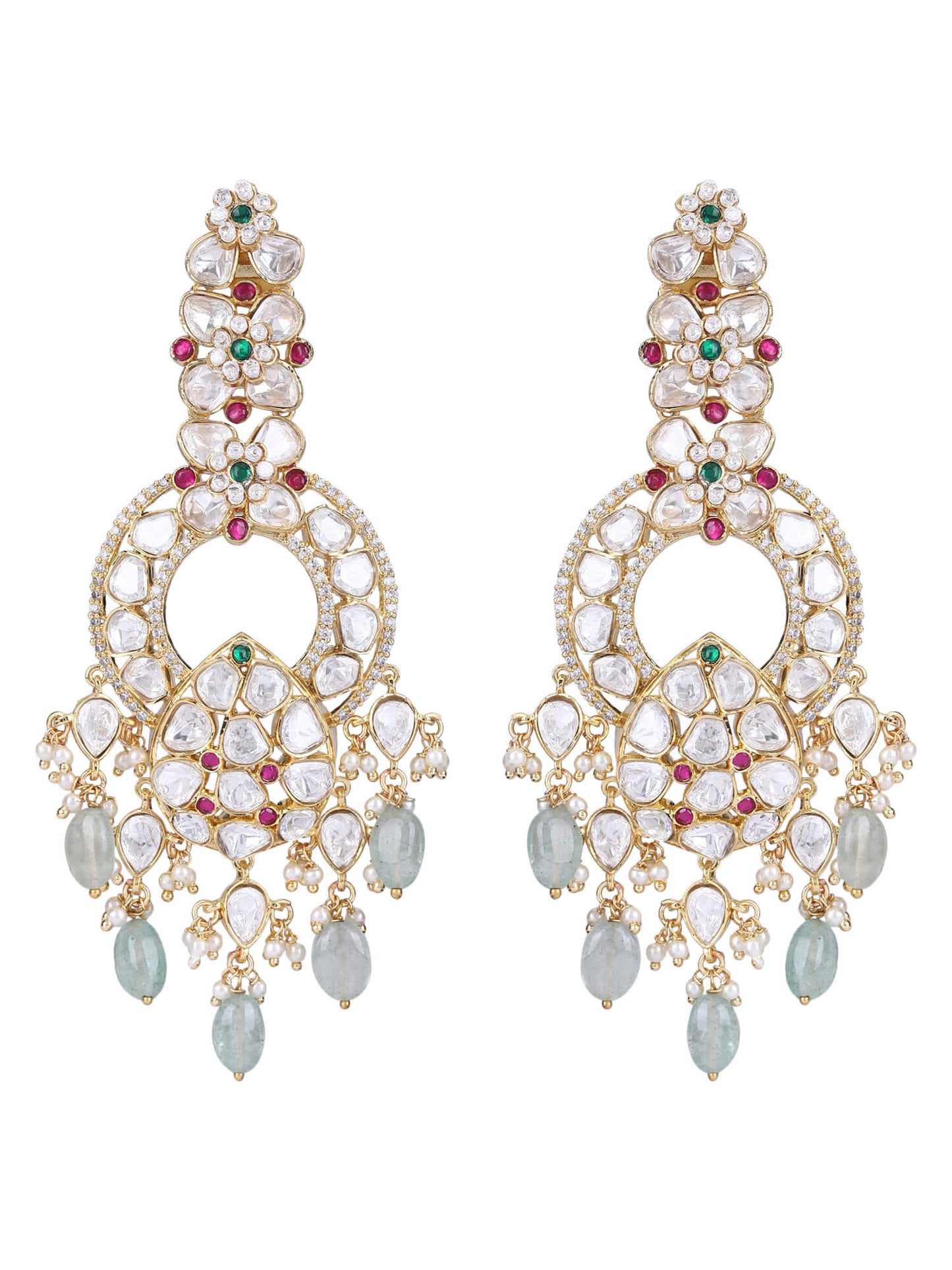 22KT gold Plated Kundan Red and Green Chandelier Earring Set - Auraa Trends - Chandelier Earrings 22KT Gold chandelier
