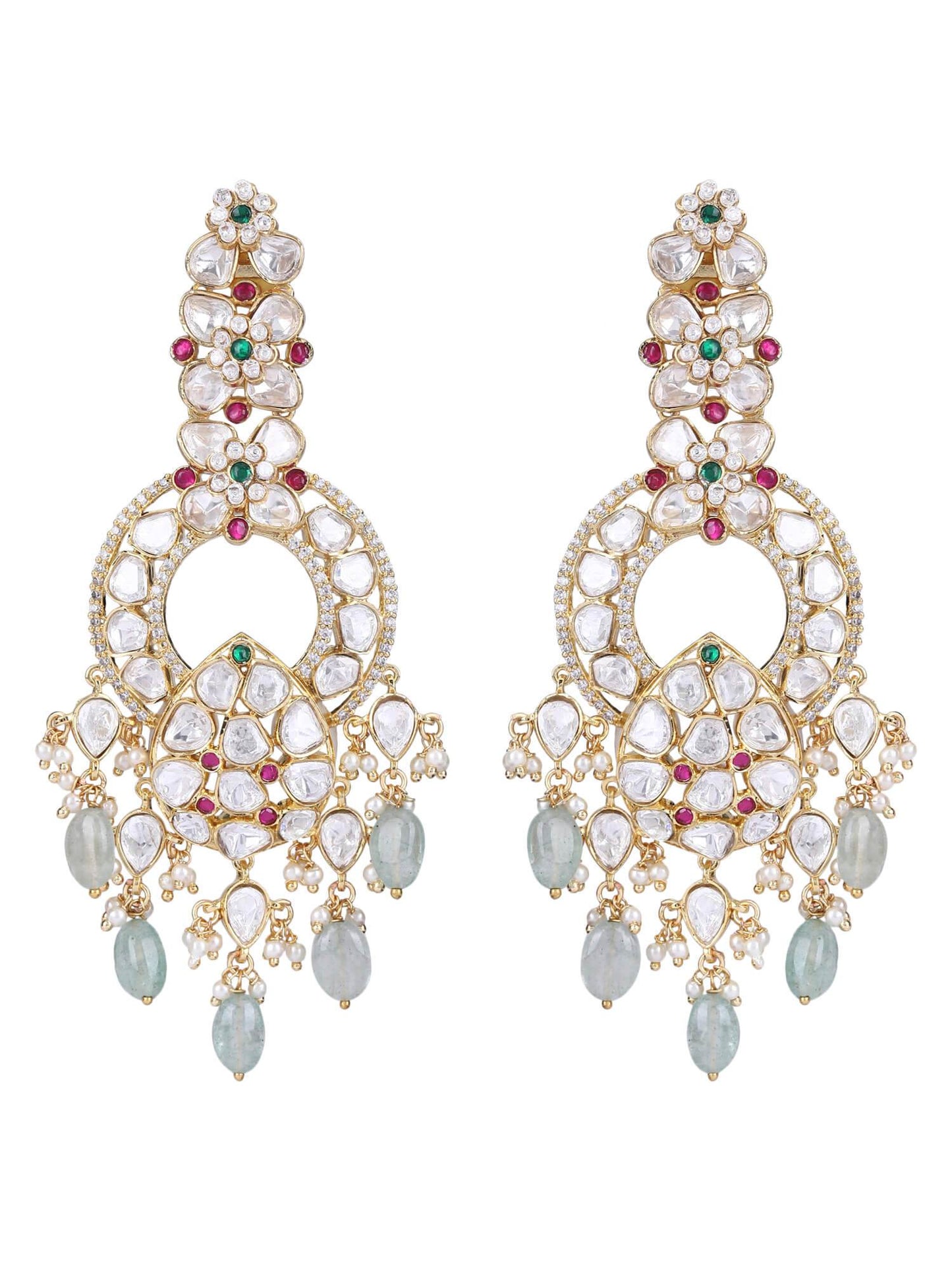 22KT gold Plated Kundan Red and Green Chandelier Earring Set - Auraa Trends
