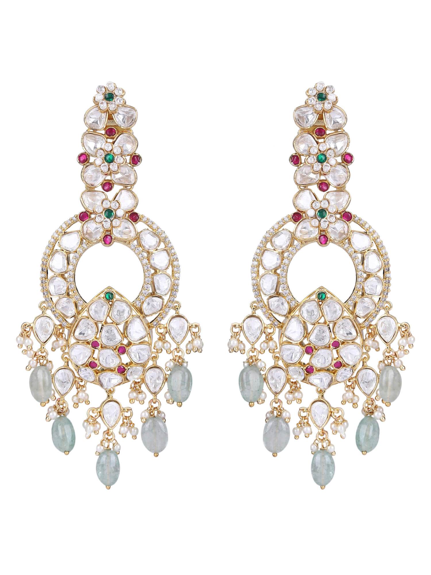 22KT gold Plated Kundan Red and Green Chandelier Earring Set - Auraa Trends