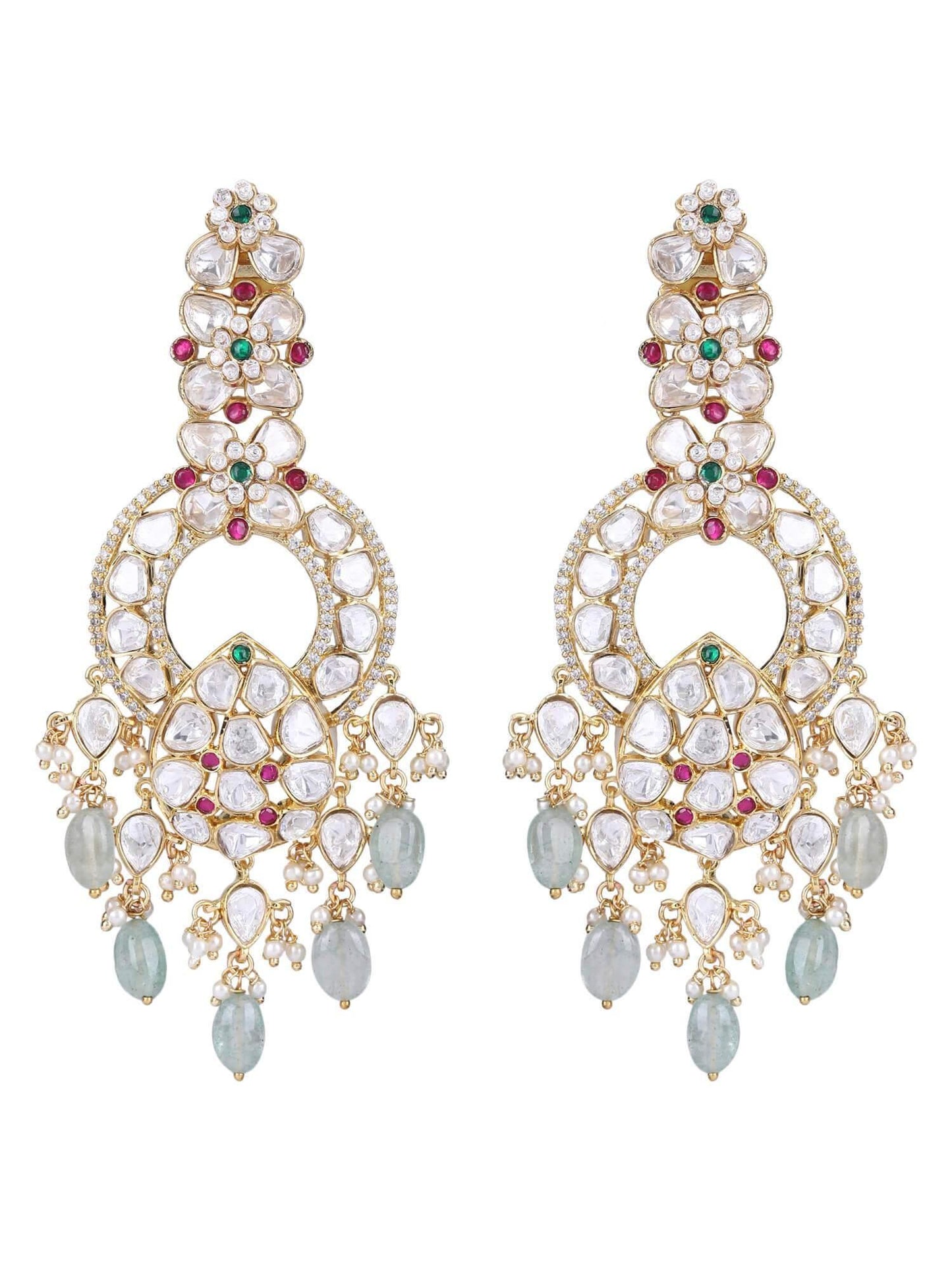 22KT gold Plated Kundan Red and Green Chandelier Earring Set - Auraa Trends