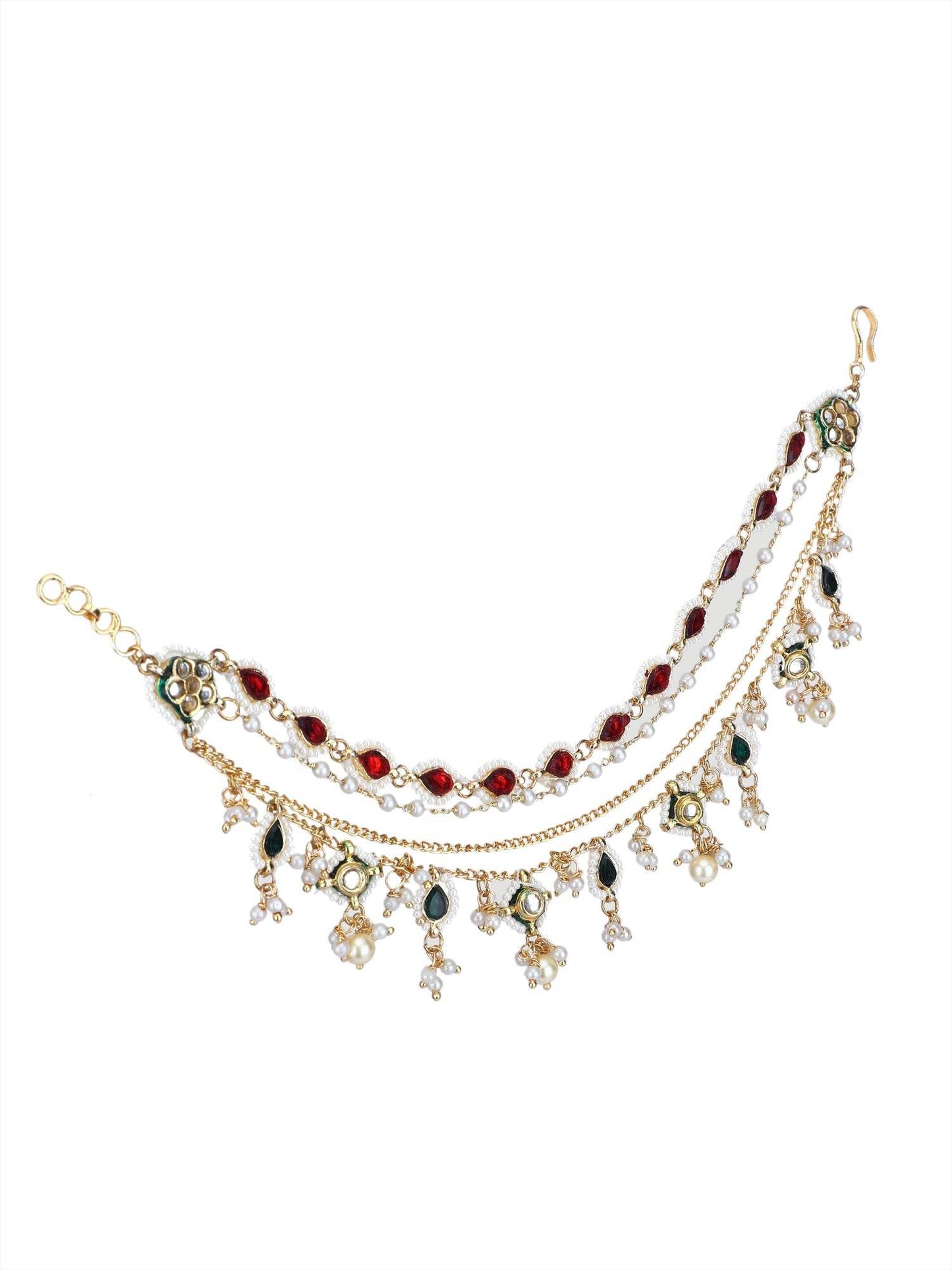 22KT Gold Plated Kundan Red and Green Kaanchain For women and Girls - Auraa Trends