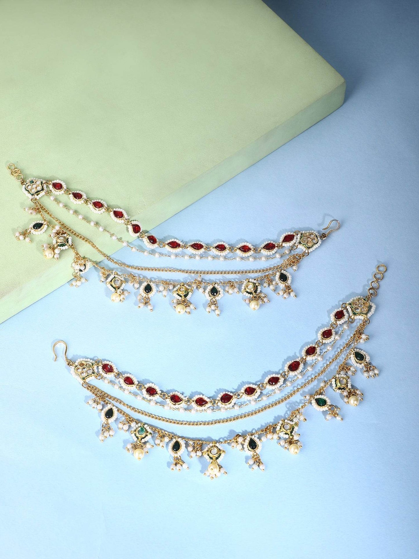 22KT Gold Plated Kundan Red and Green Kaanchain For women and Girls - Auraa Trends