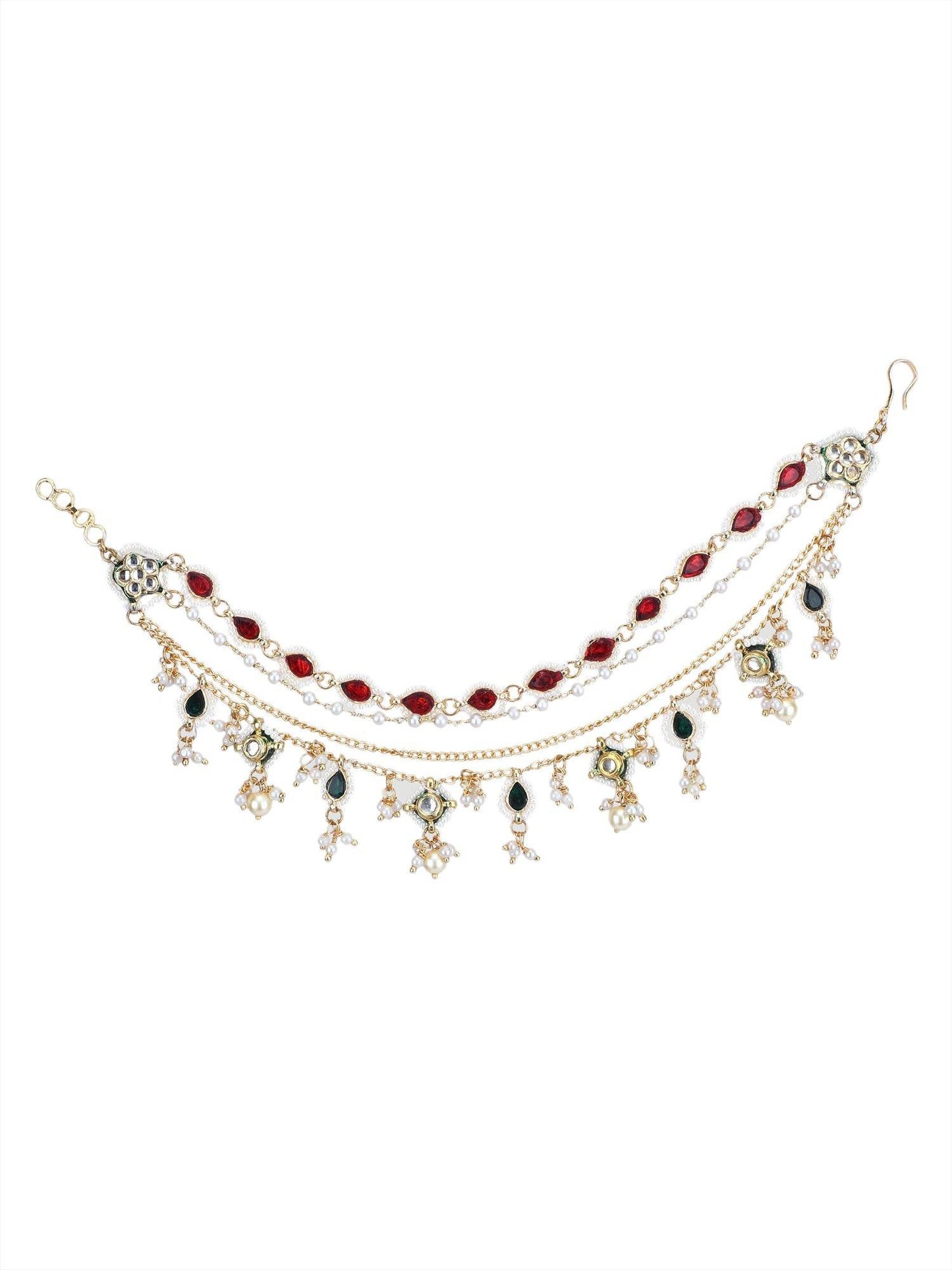 22KT Gold Plated Kundan Red and Green Kaanchain For women and Girls - Auraa Trends