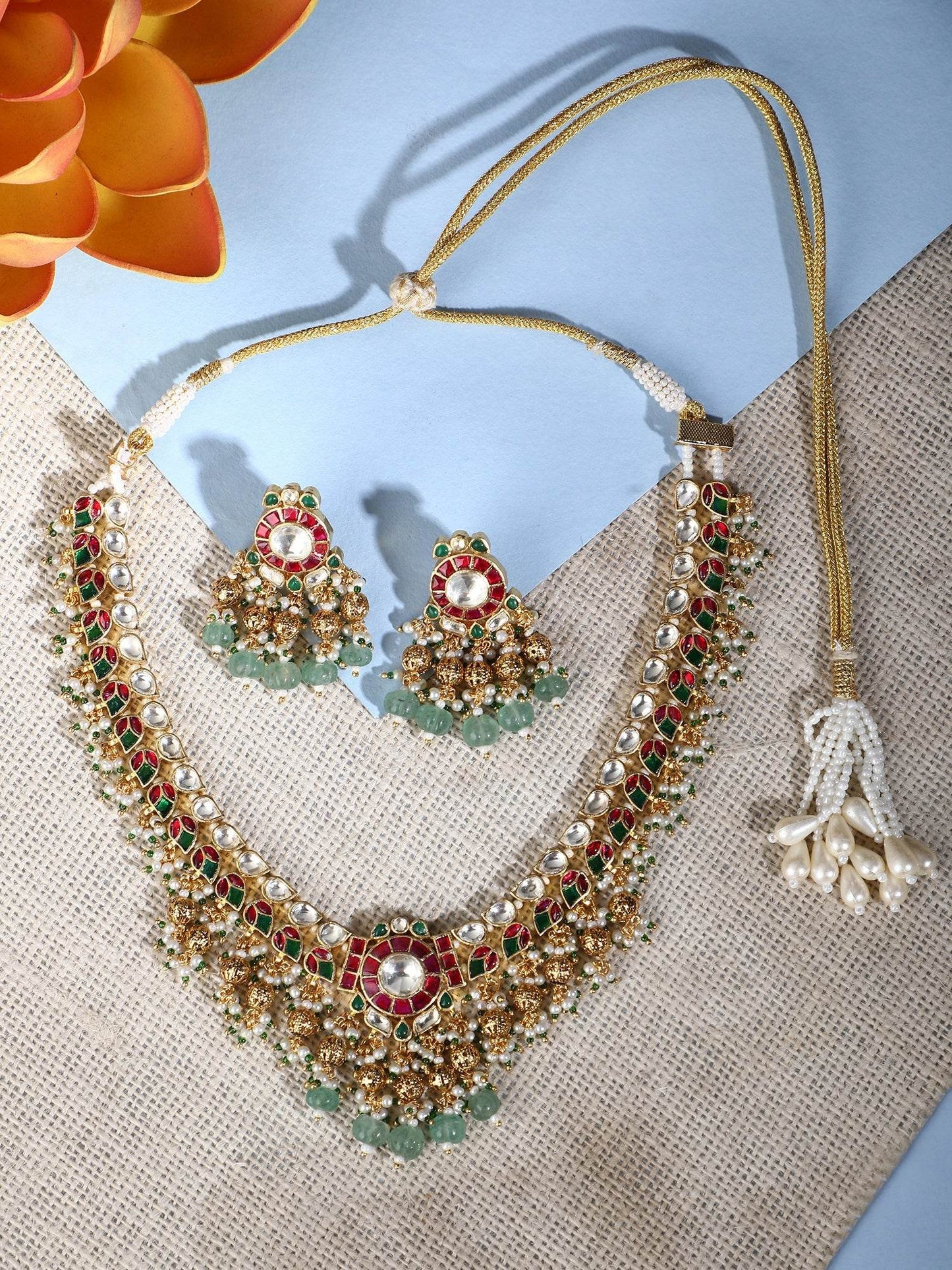 22KT Gold Plated Kundan Red and Green Necklace Set For women - Auraa Trends