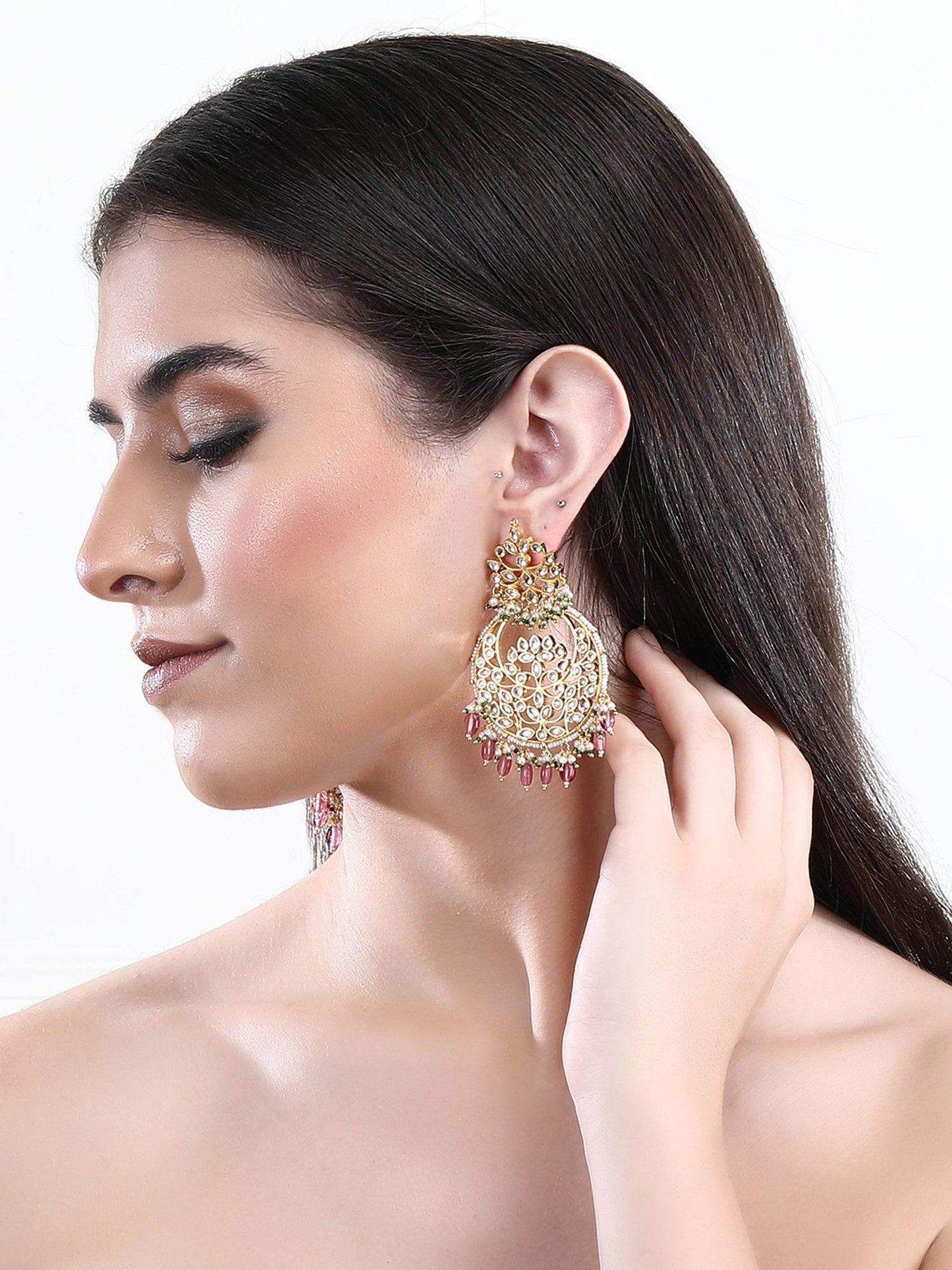 22KT Gold Plated Kundan Red Chandbaali Earring Set For women - Auraa Trends