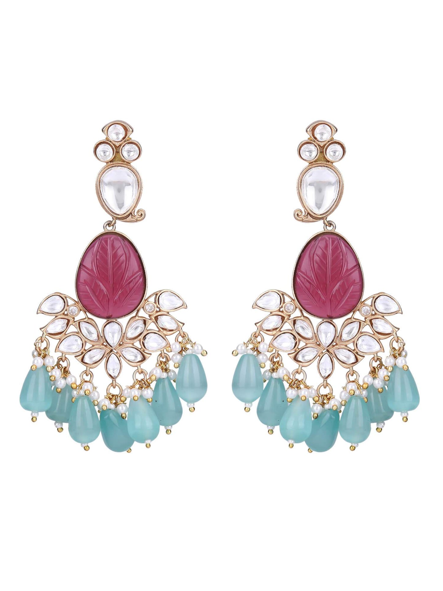 22KT Gold Plated Kundan Red Necklace Set - Auraa Trends