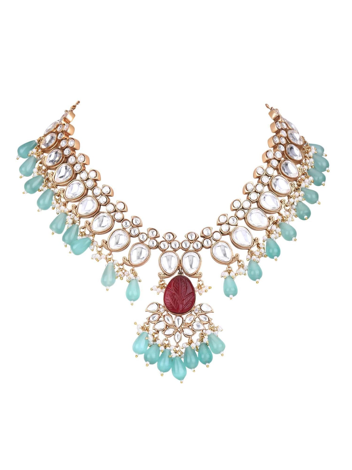 22KT Gold Plated Kundan Red Necklace Set - Auraa Trends