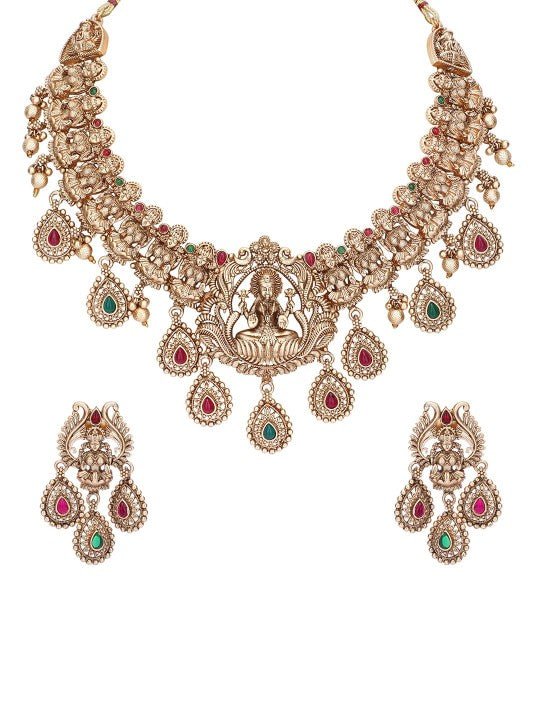 22KT - Gold - Plated Necklace Temple Jewelry Set with Earrings - Auraa Trends - Necklace Set - 22KT - Gold - Plated Necklace