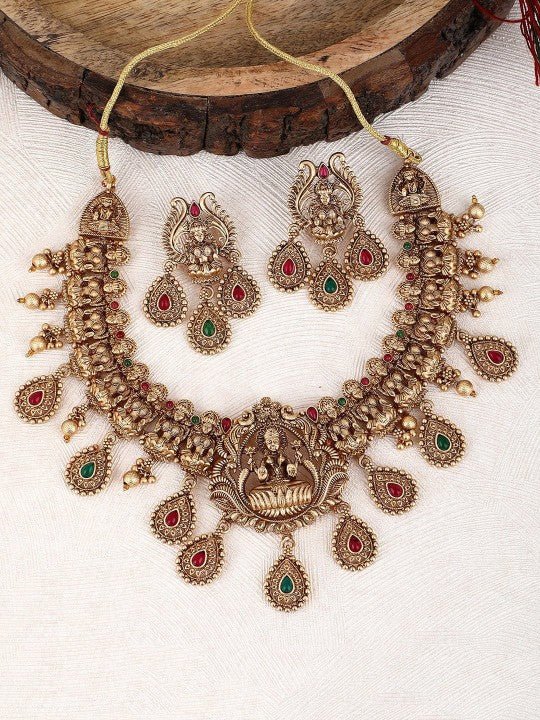 22KT - Gold - Plated Necklace Temple Jewelry Set with Earrings - Auraa Trends - Necklace Set - 22KT - Gold - Plated Necklace