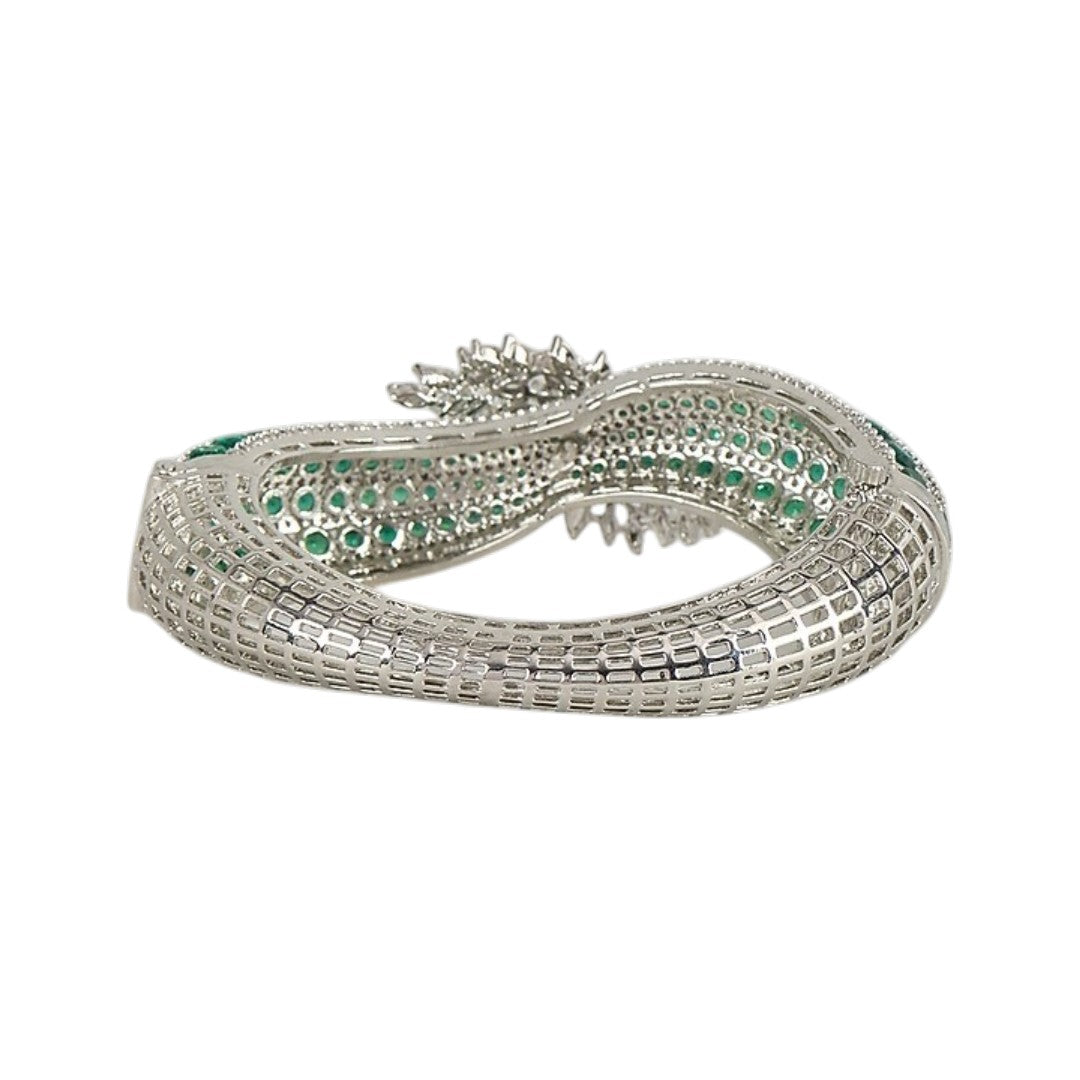 Emerald Green Crystal Bow-Knot Bangle Bracelet with Floral Accent Silver-Plated Statement Cuff