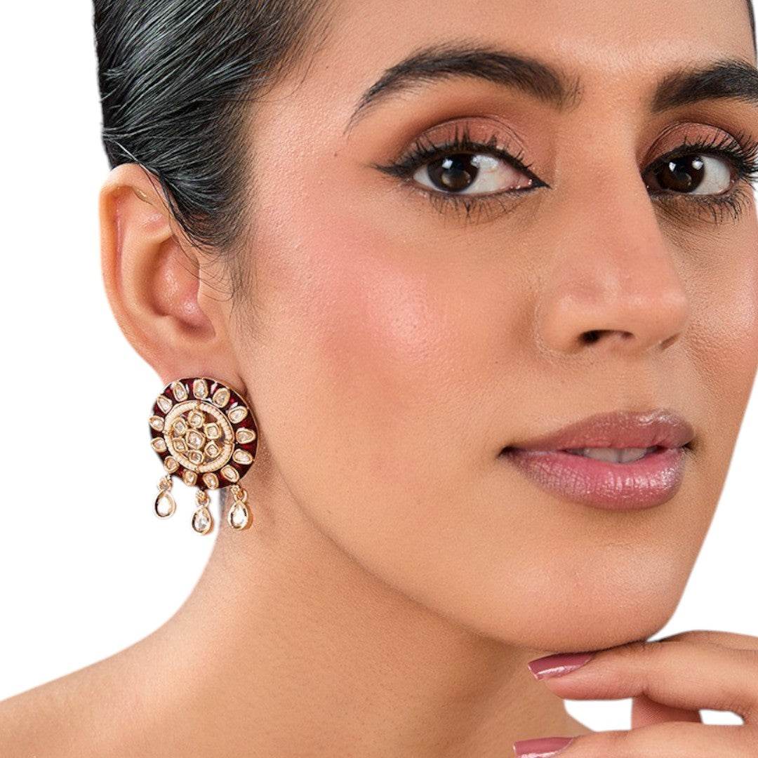 Classic Red Gold Round Kundan Drops Earrings for Women - Auraa Trends