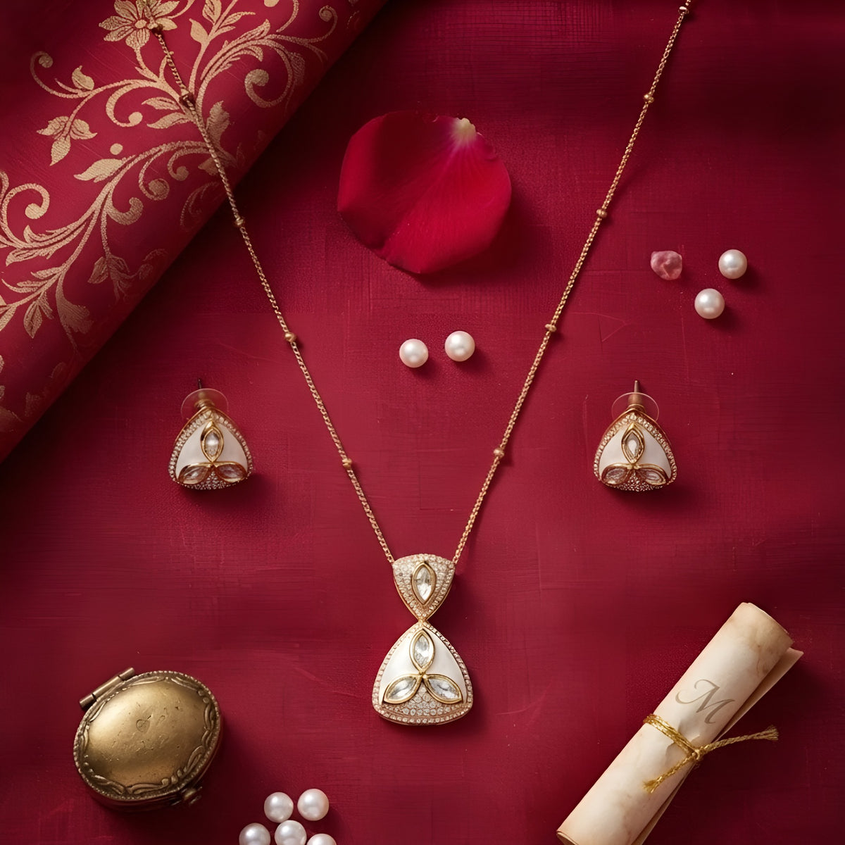 White Enamel Zircon Pendant Necklace and Earrings Set