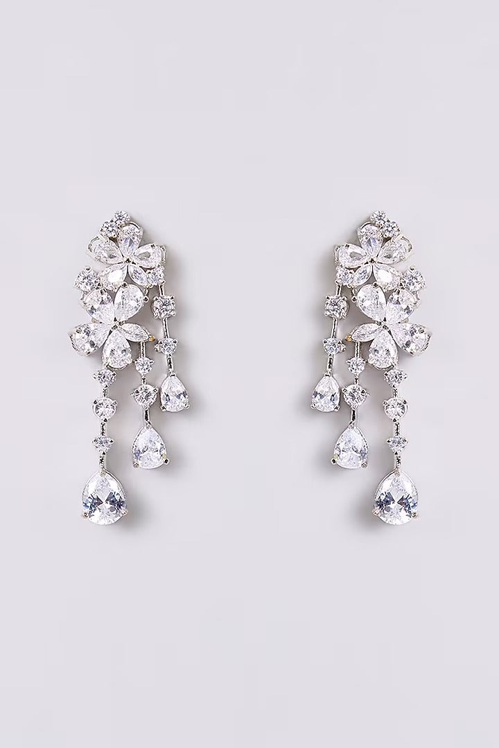 Sparkling crystal floral cascade dangle earrings with multiple teardrop-shaped drops