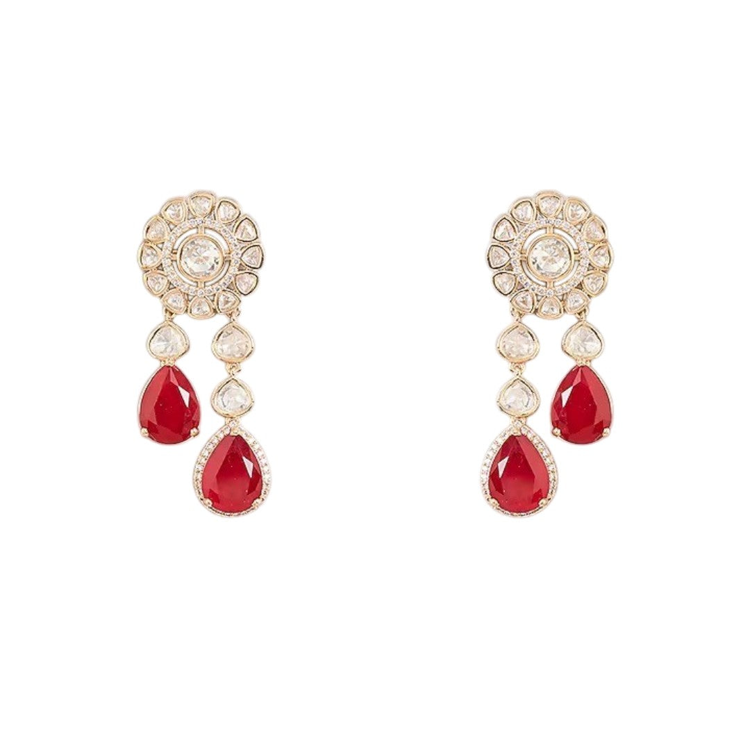Gold finish ruby red kundan choker necklace set with cascading polki-style strands, ruby pear drops and matching drop earrings – Auraa Trends