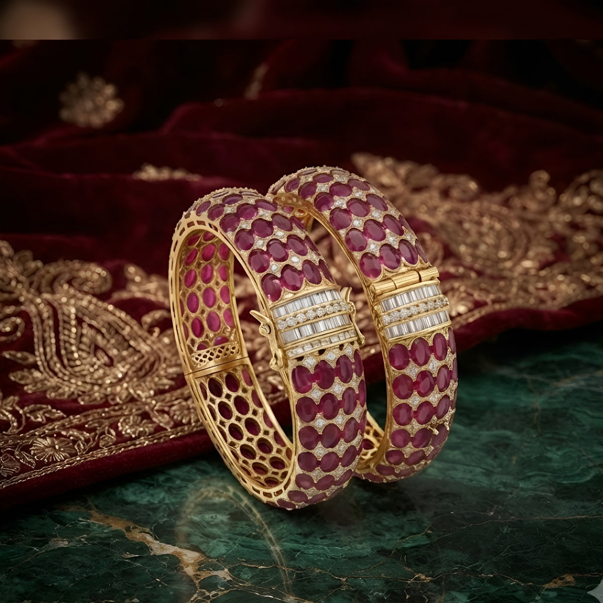 Pair of gold finish ruby pink stone openable kada bangles with zircon accents and baguette clasp panel