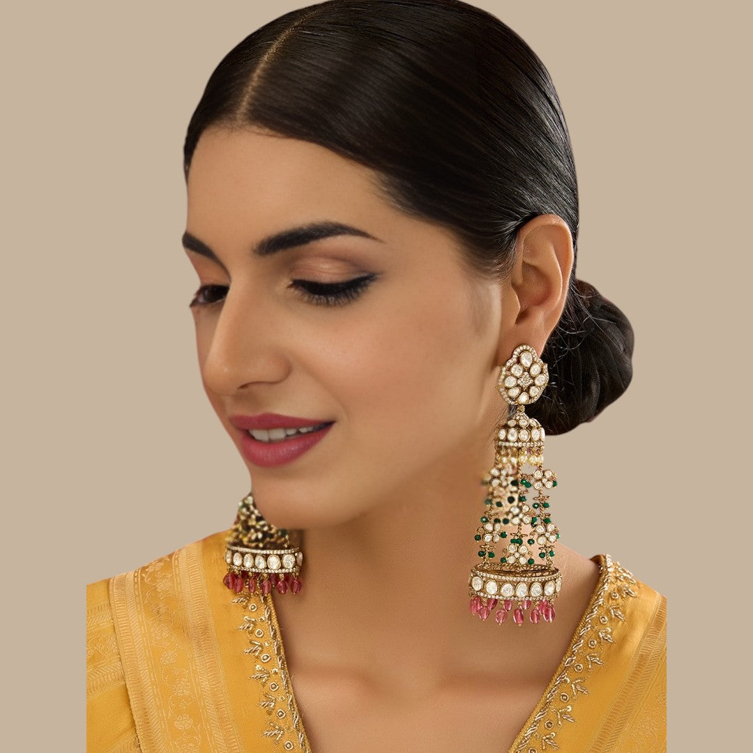 Gold-Plated Kundan Jhumka Earrings with Pearl Drops