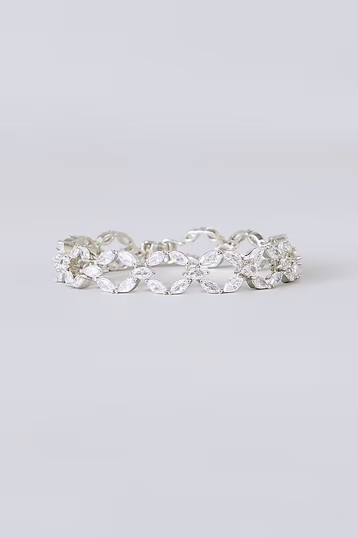 Elegant Silver-Toned Cubic Zirconia Leaf Design Bracelet for Women