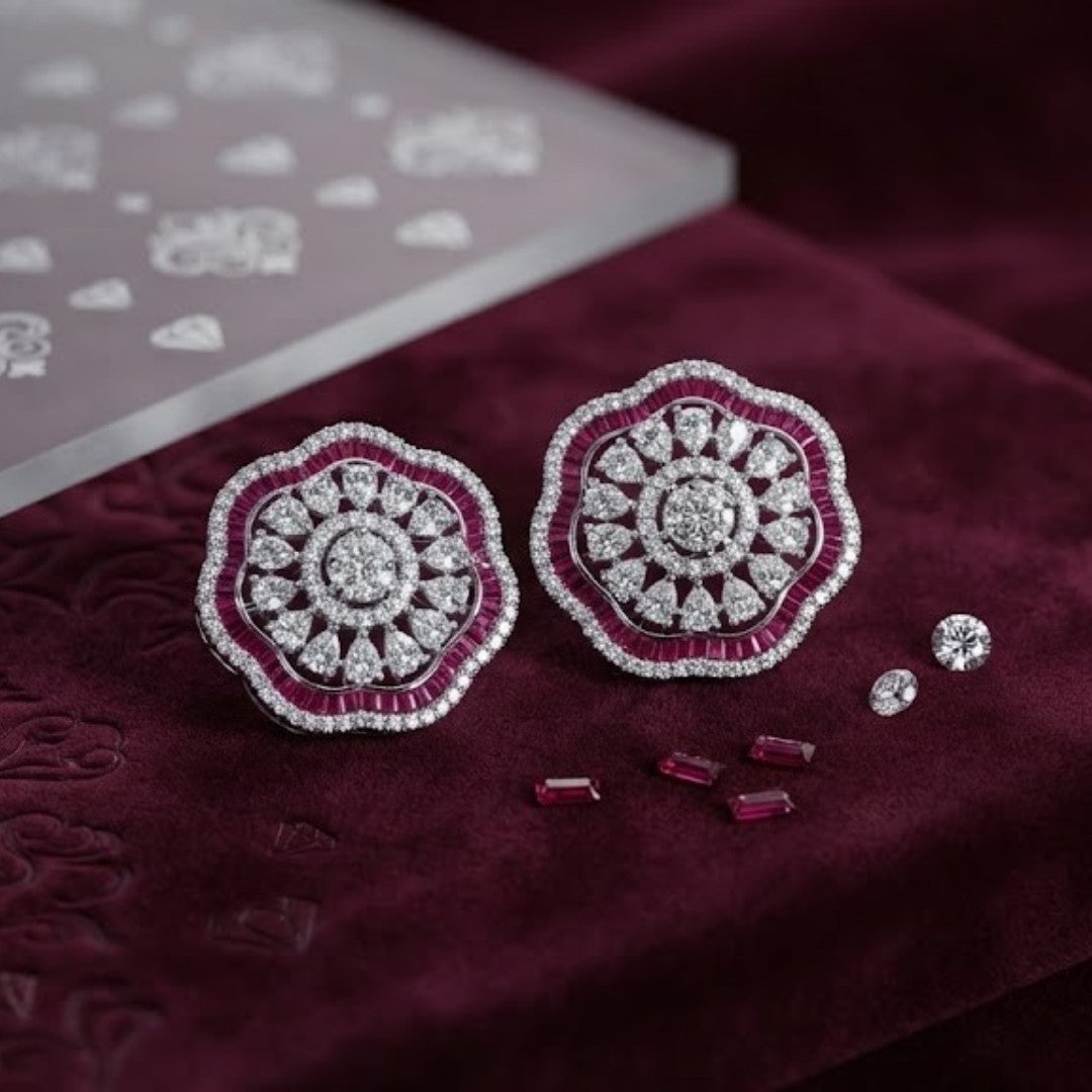 Flower Shaped Diamond Cluster Stud Earrings