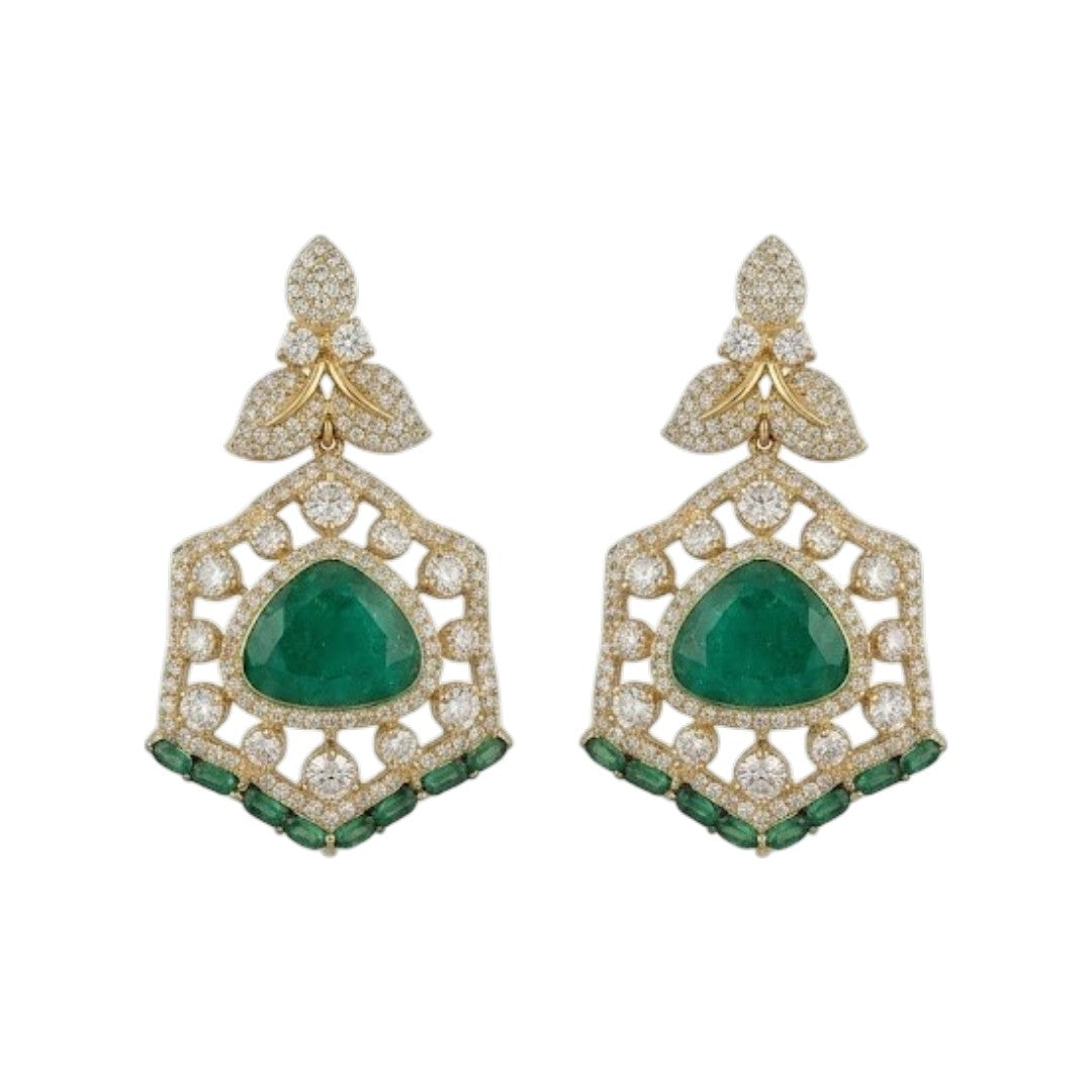 Luxury emerald green bridal choker necklace set with American diamonds and matching earrings on golden textured background.