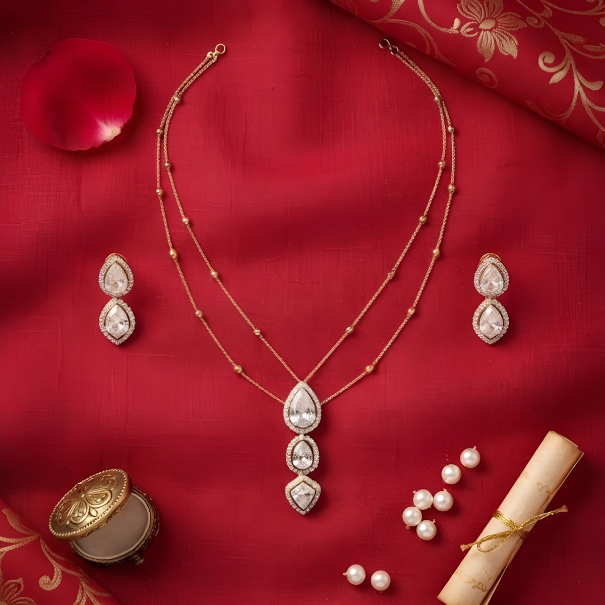 Layered American Diamond Necklace Set with Drop Pendant