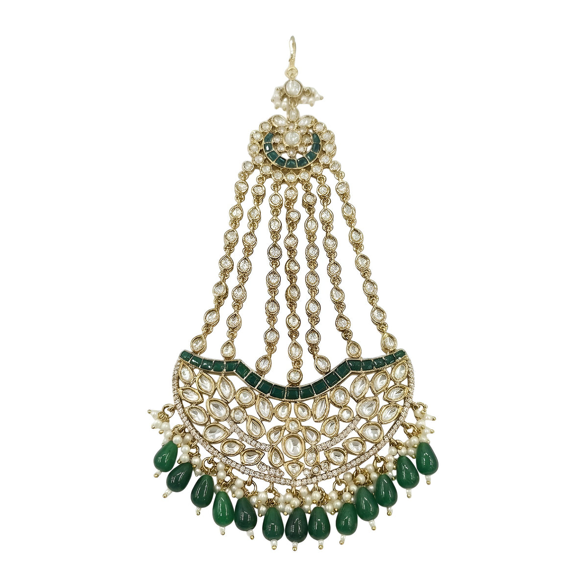 Antique gold-finish kundan passa with five stone strands, emerald-green stones, green drop beads, and pearl-style bead hangings