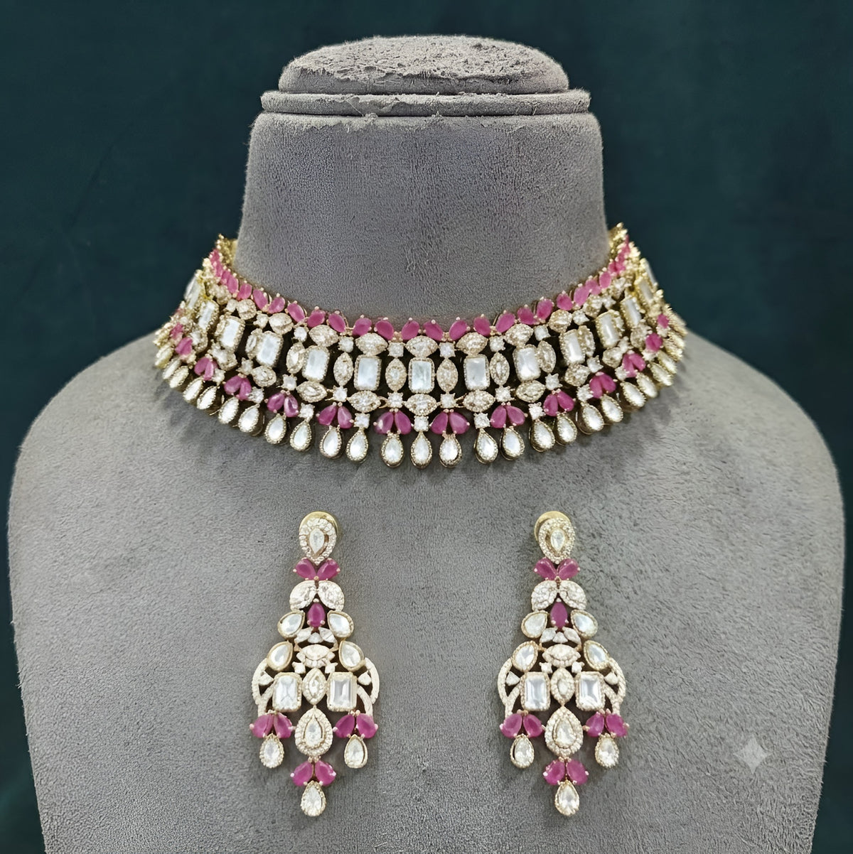 Ruby and CZ bridal choker necklace set with matching drop earrings