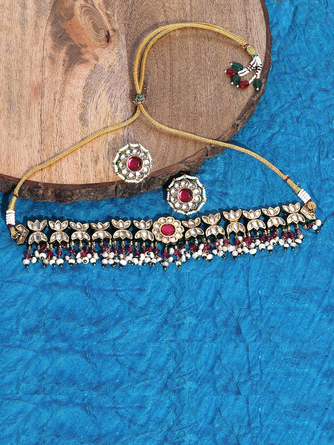 Grand Silver Green & Red Pearl Drops Kundan Choker Necklace set