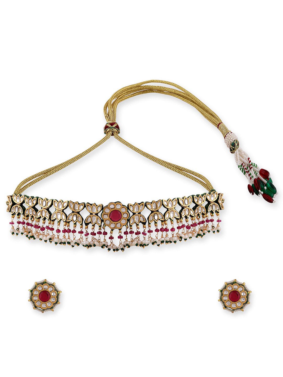 Grand Silver Green & Red Pearl Drops Kundan Choker Necklace set
