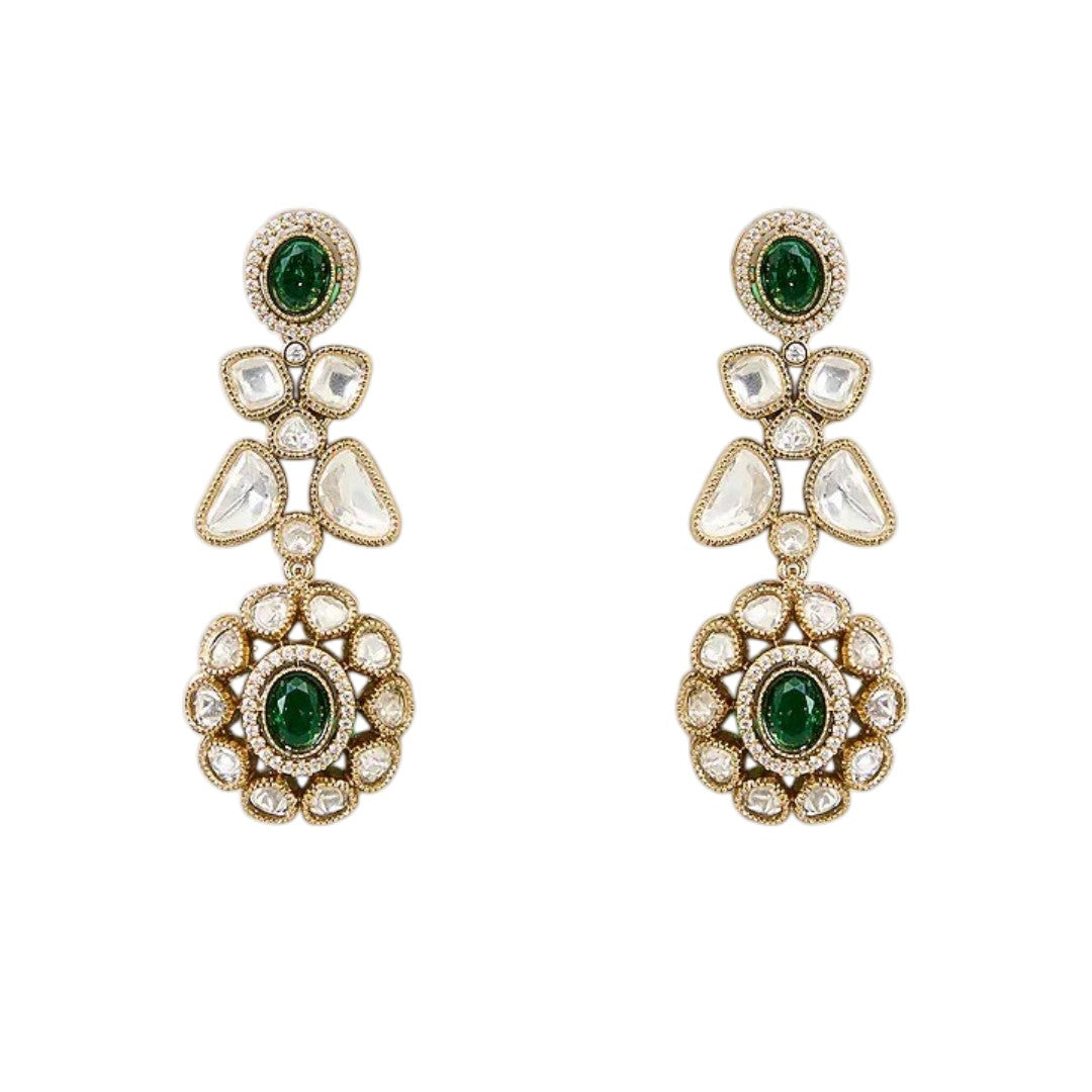 "Gold-tone Kundan choker necklace set with emerald green teardrop drops and matching earrings"
