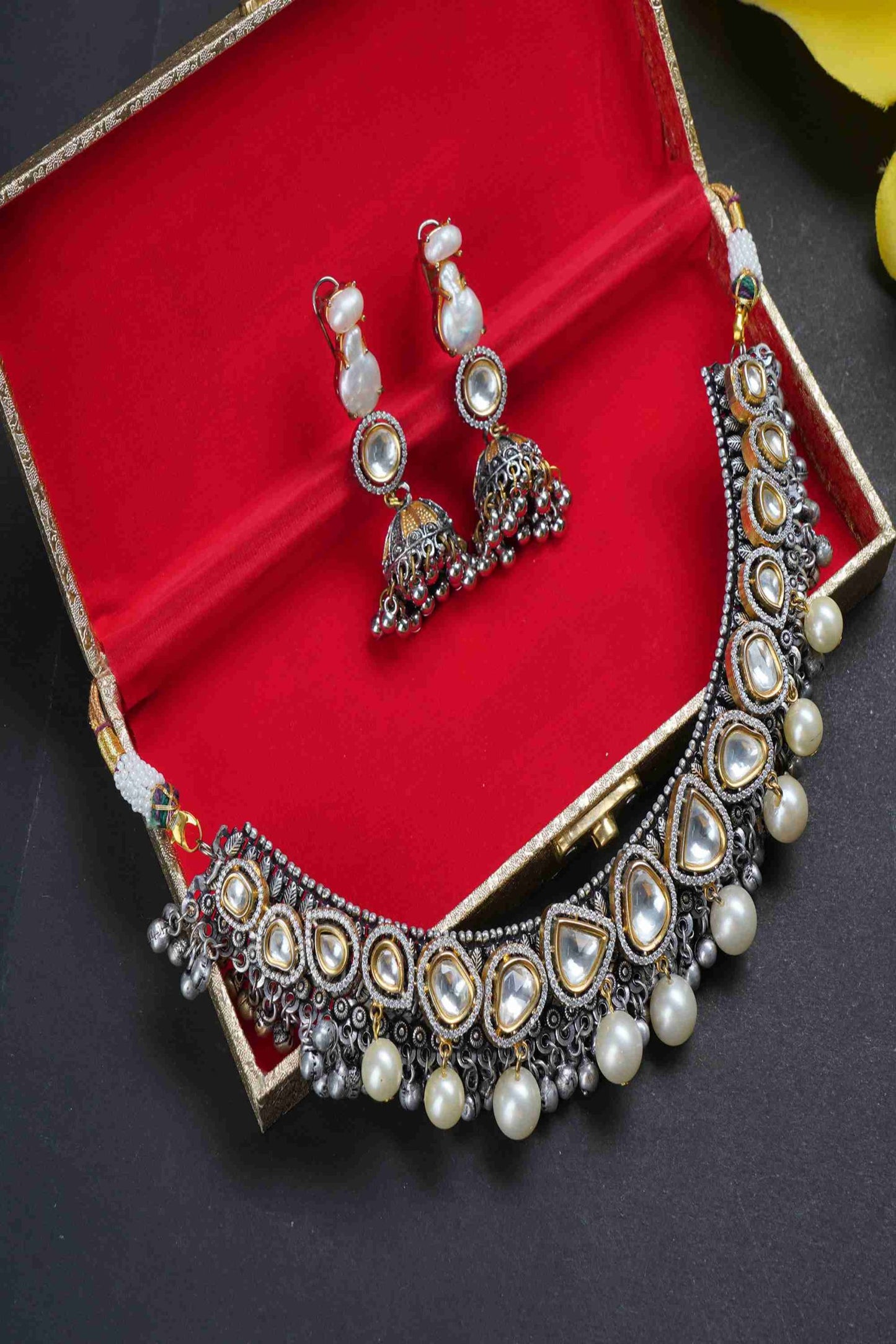 Antique Silver-Plated Kundan Necklace Set with Pearl Drops