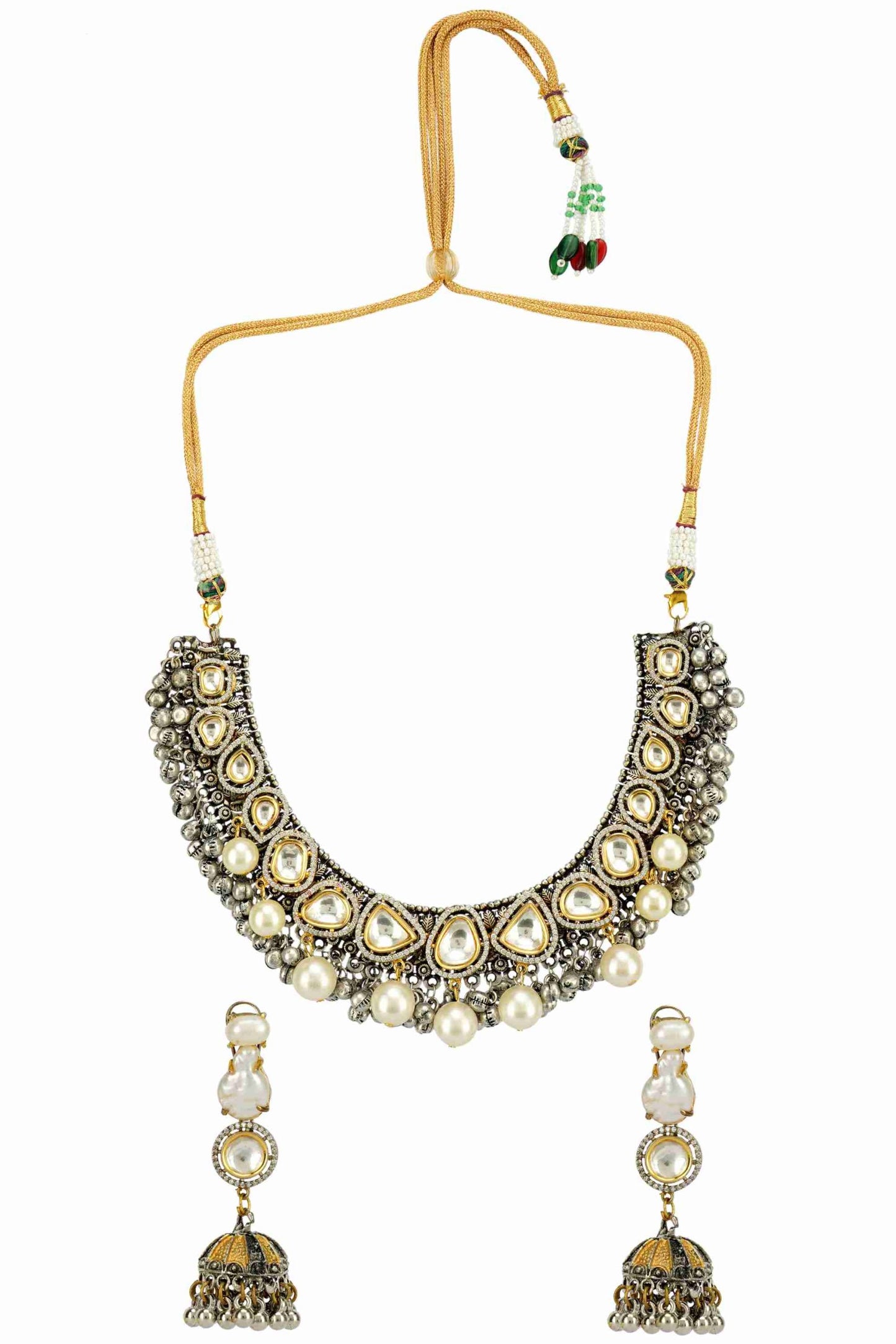 Antique Silver-Plated Kundan Necklace Set with Pearl Drops