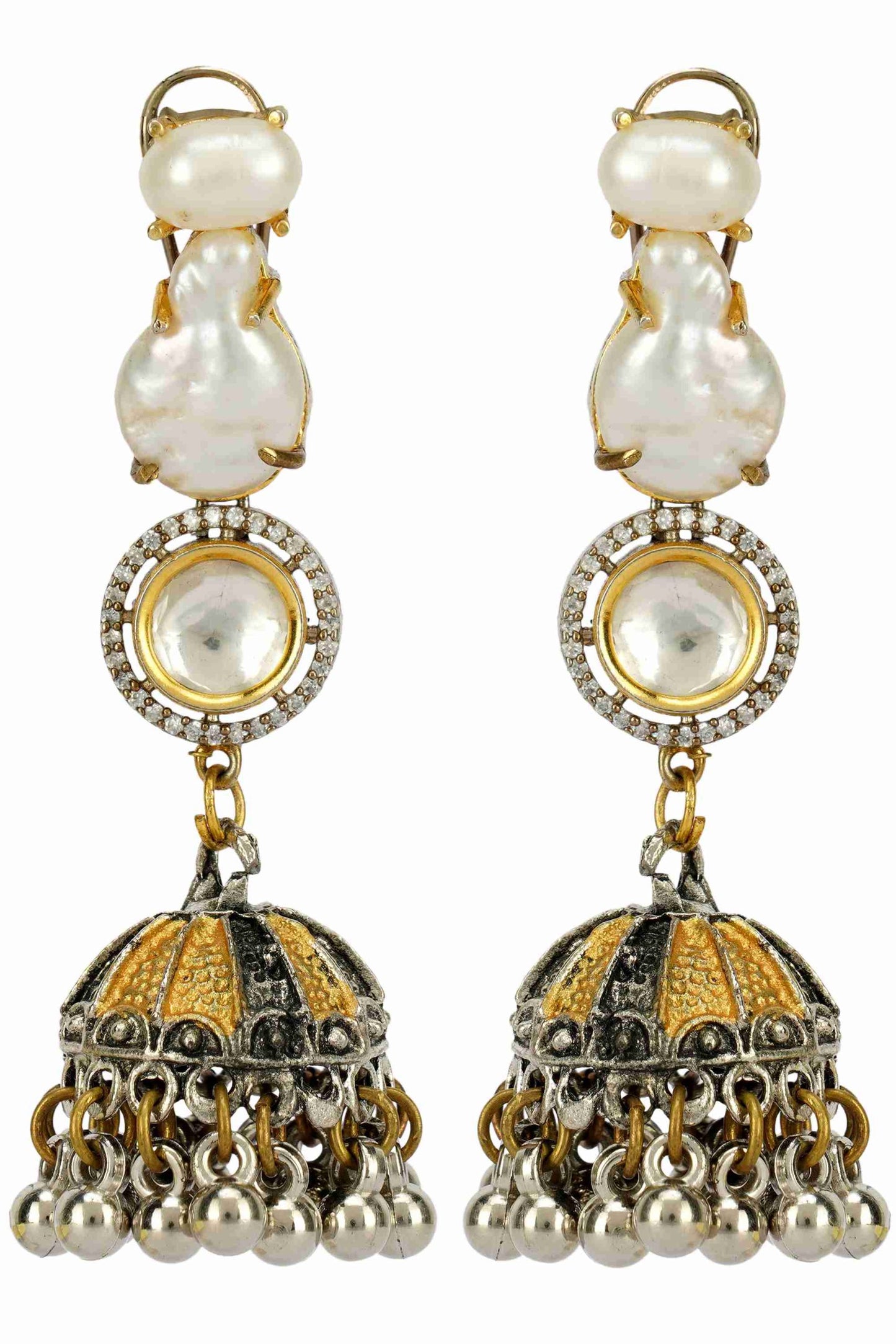 Antique Silver-Plated Kundan Necklace Set with Pearl Drops