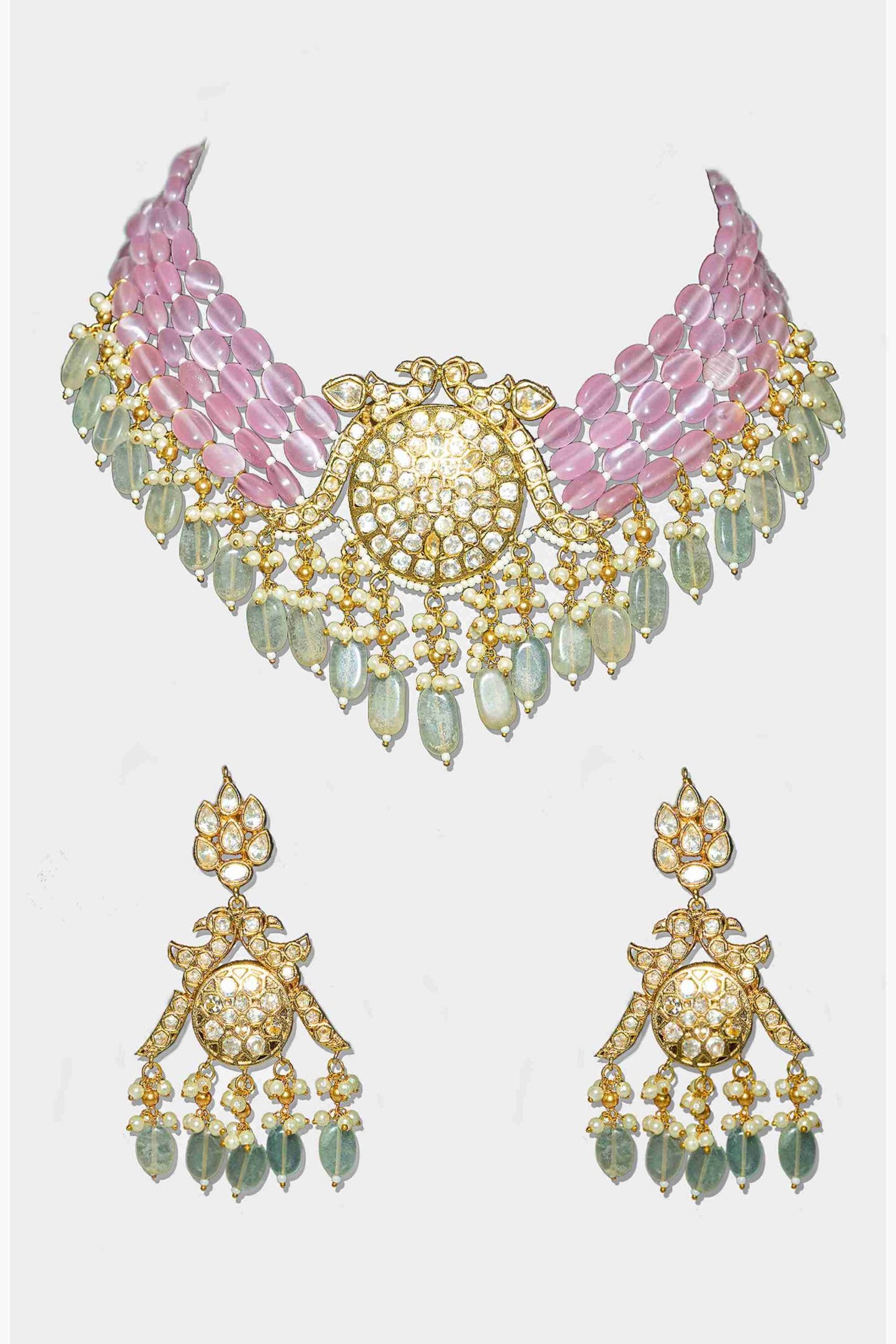 Gold-Plated Kundan Necklace Set with Pink and Green Beads