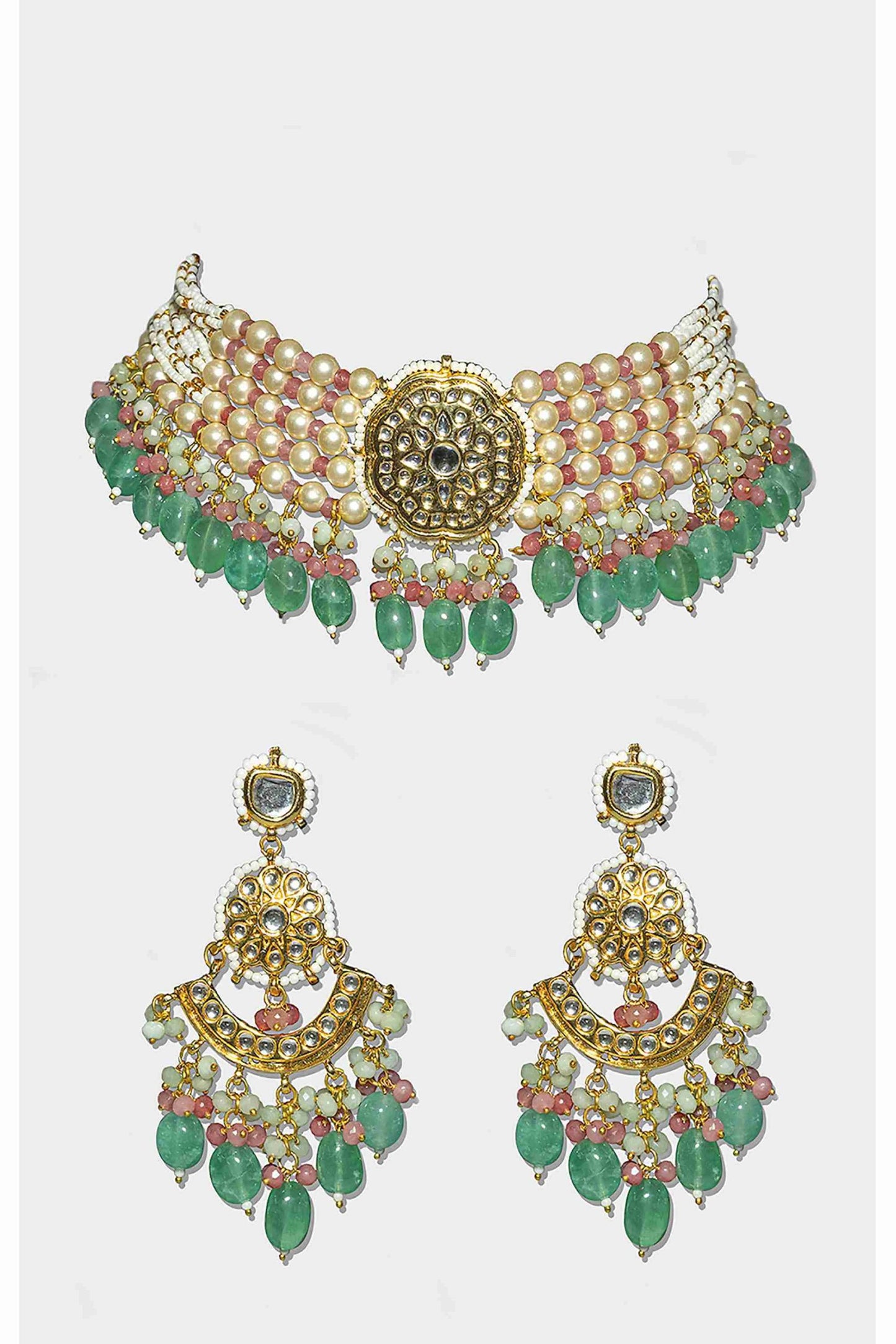 Multi-Strand Gold-Plated Kundan Choker Necklace with Earrings
