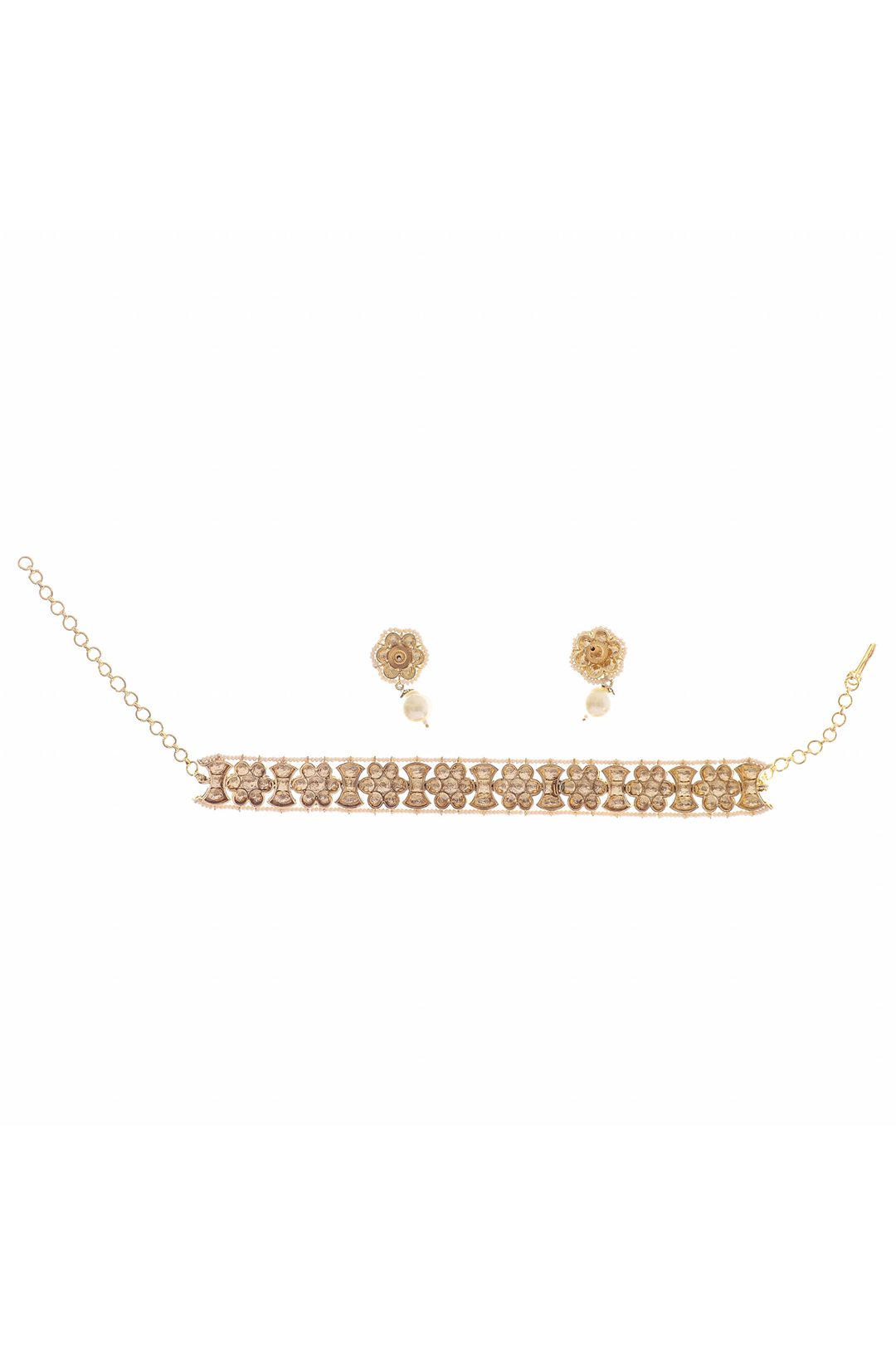 Gold-Toned Kundan Choker Necklace Set with Pearl Accents