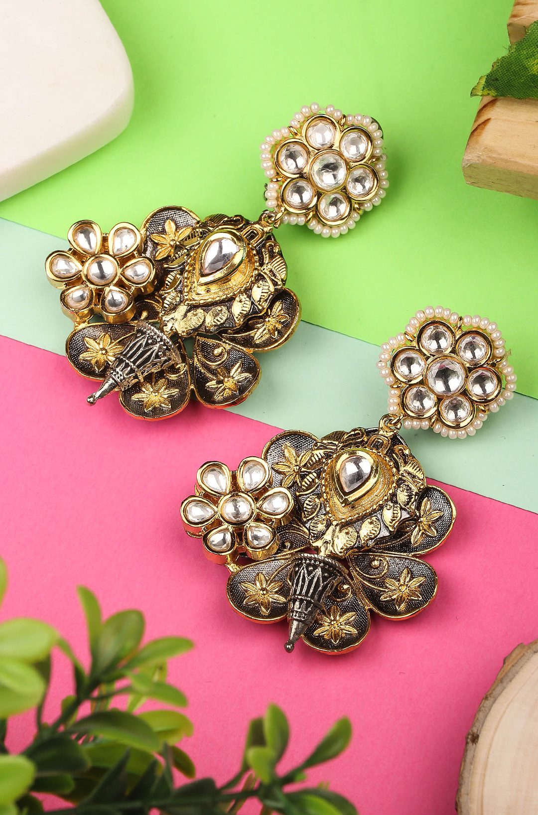 buy Antique Gold-Plated Moissanite Floral Drop Earrings