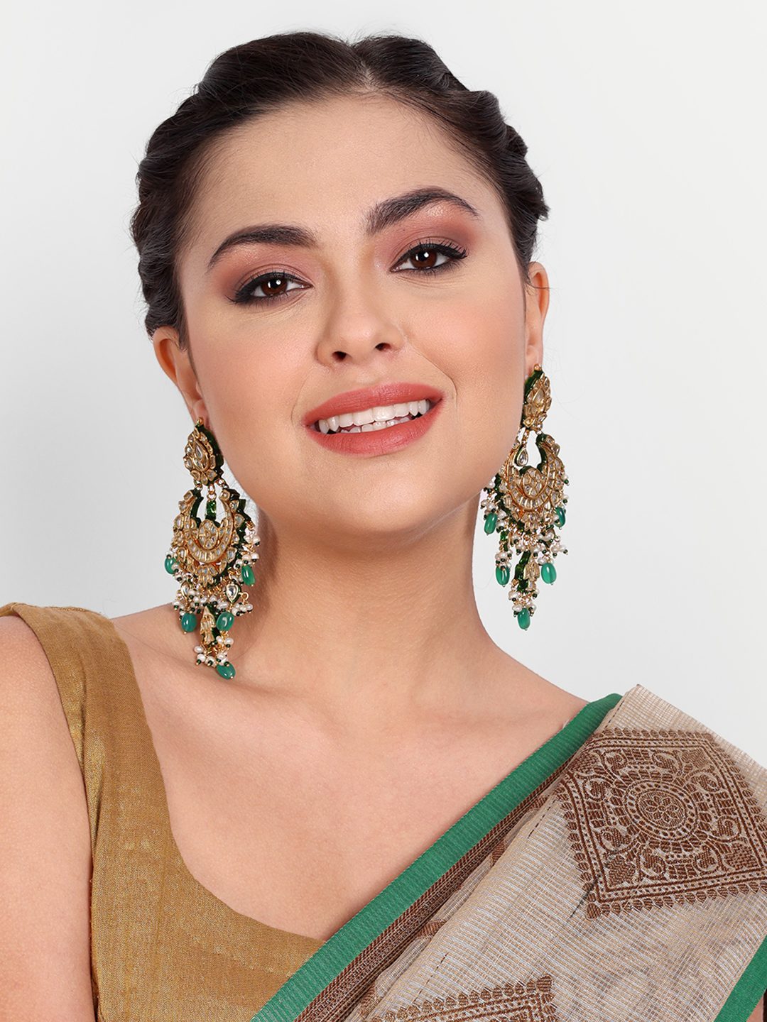 Gold-Plated Kundan Chandbali Earrings with Green Beads
