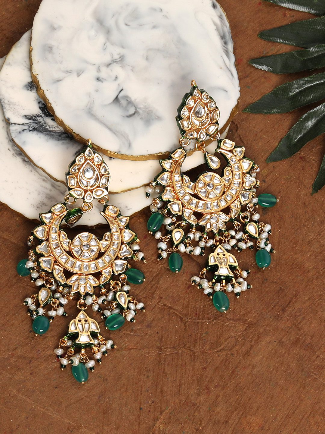 Gold-Plated Kundan Chandbali Earrings with Green Beads