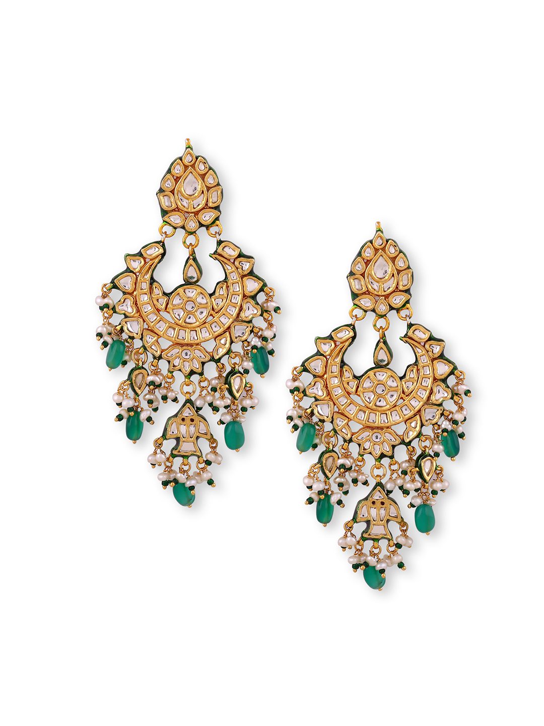 Gold-Plated Kundan Chandbali Earrings with Green Beads