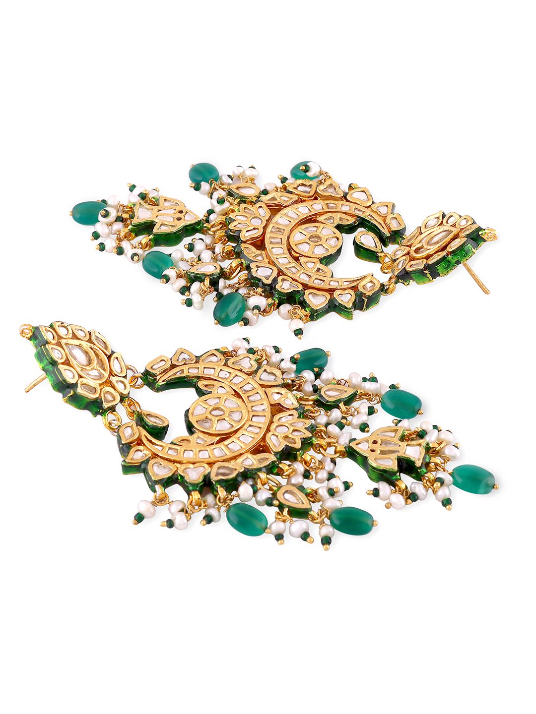 Gold-Plated Kundan Chandbali Earrings with Green Beads