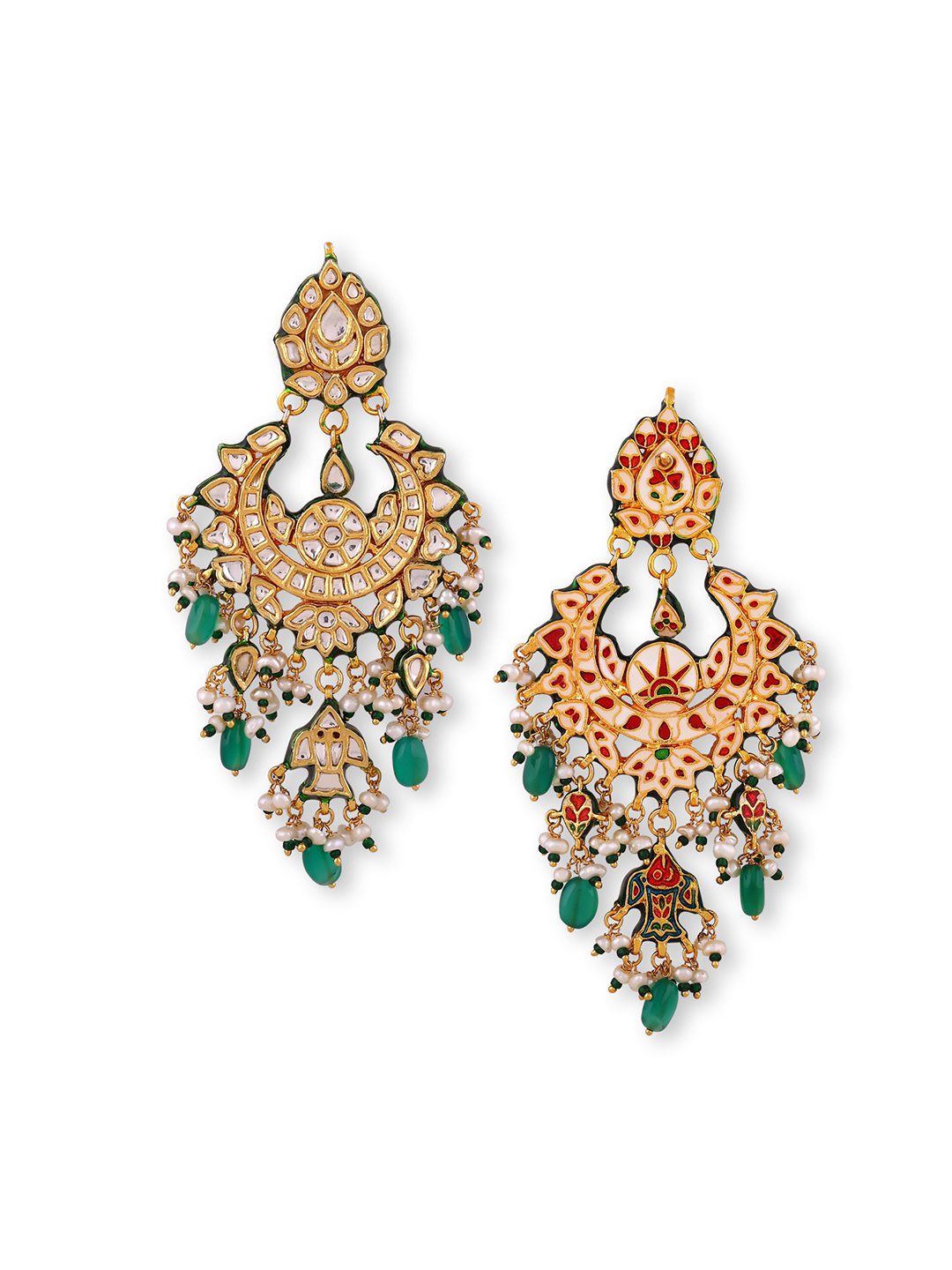 Gold-Plated Kundan Chandbali Earrings with Green Beads
