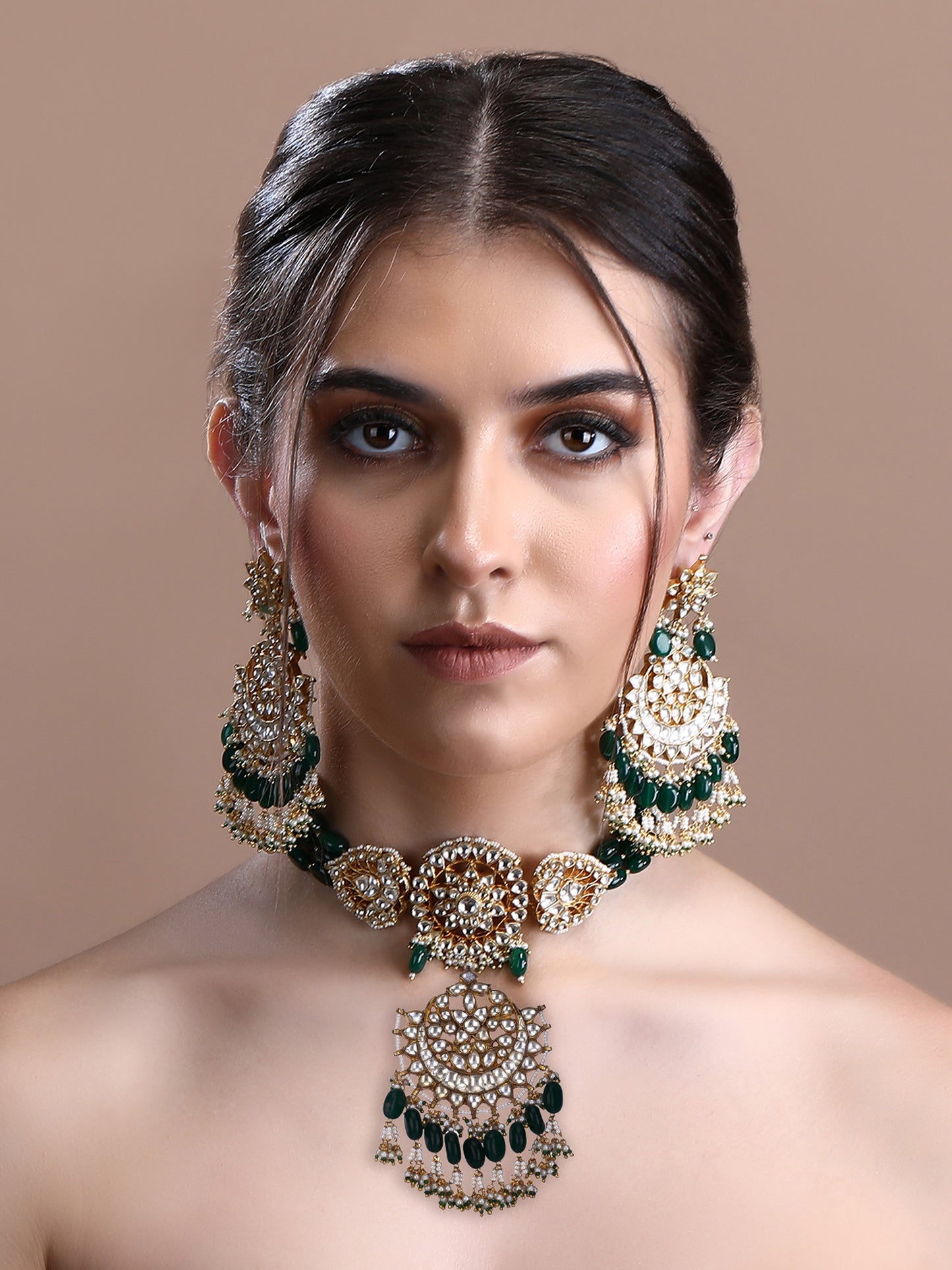 22KT gold Plated Kundan Classic Green Choker Necklace Set for women and Girls