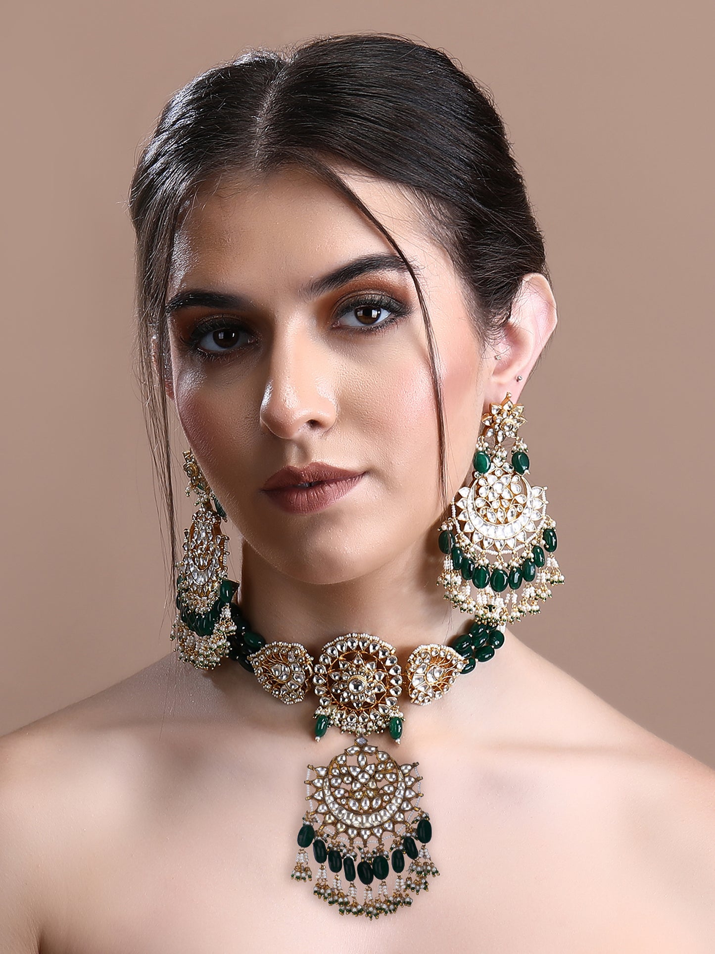 22KT gold Plated Kundan Classic Green Choker Necklace Set for women and Girls